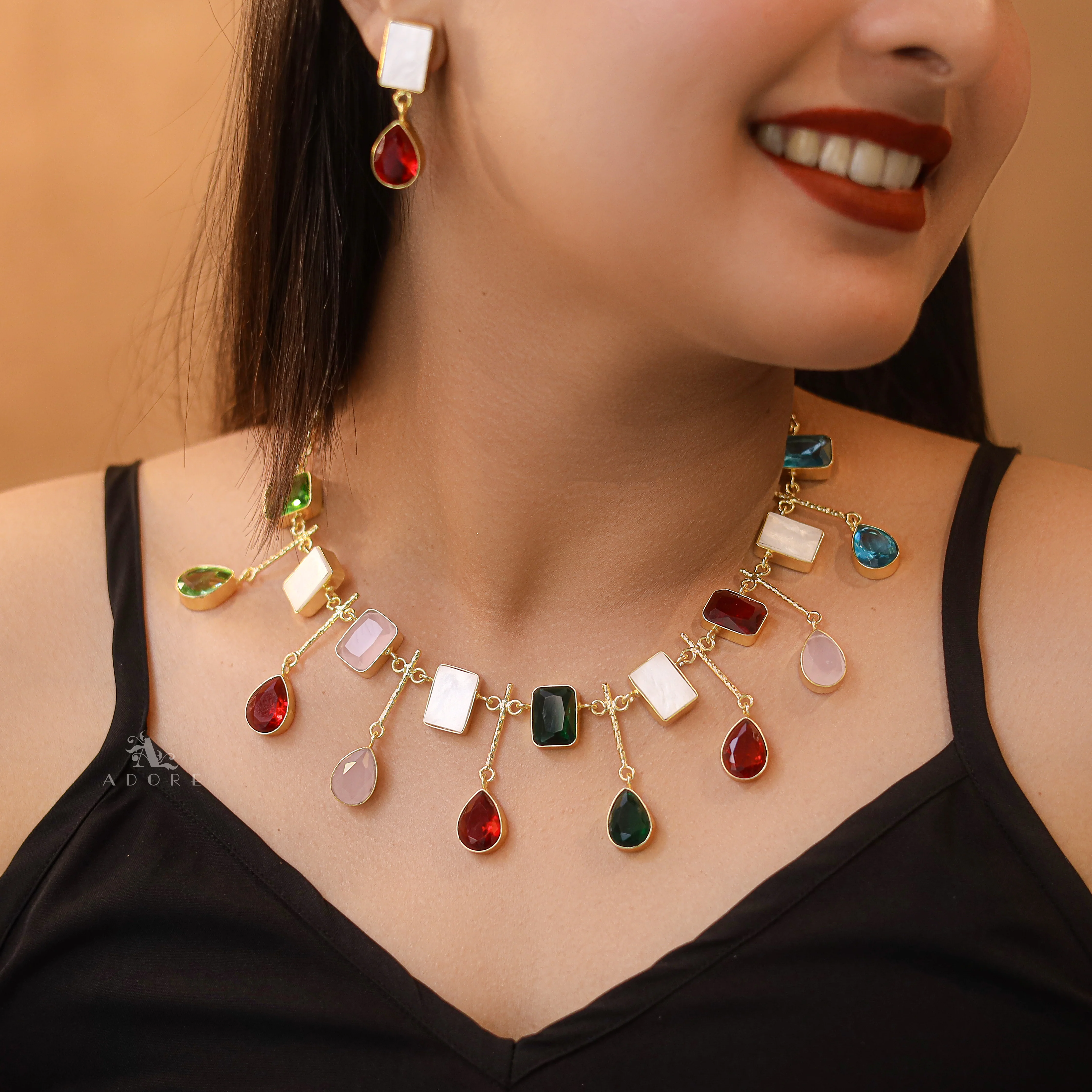 Amaya Golden MOP + Glossy Stone Neckpiece With Earring - Image 4
