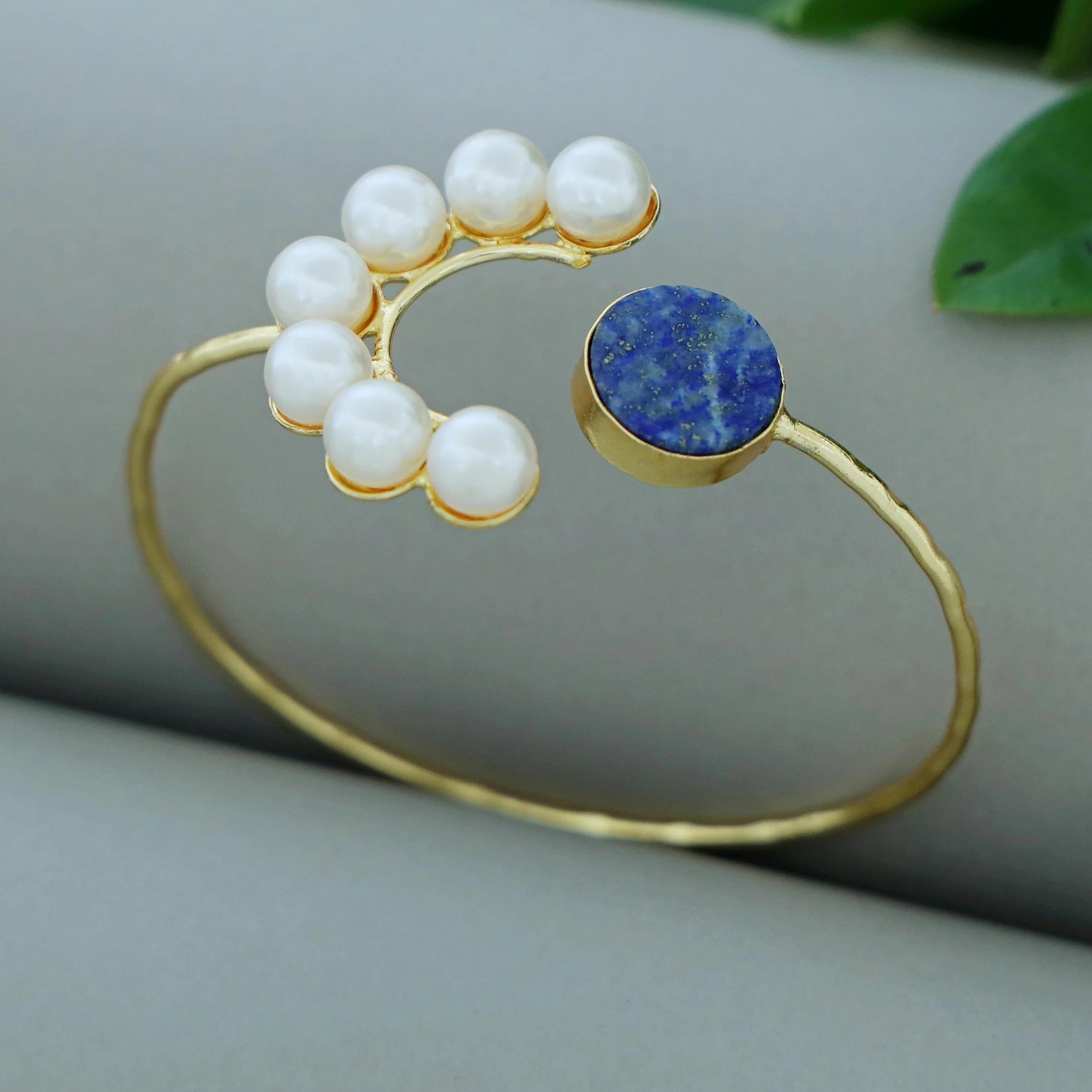 Amika Glossy + Raw Stone Pearl Bangle - Image 2