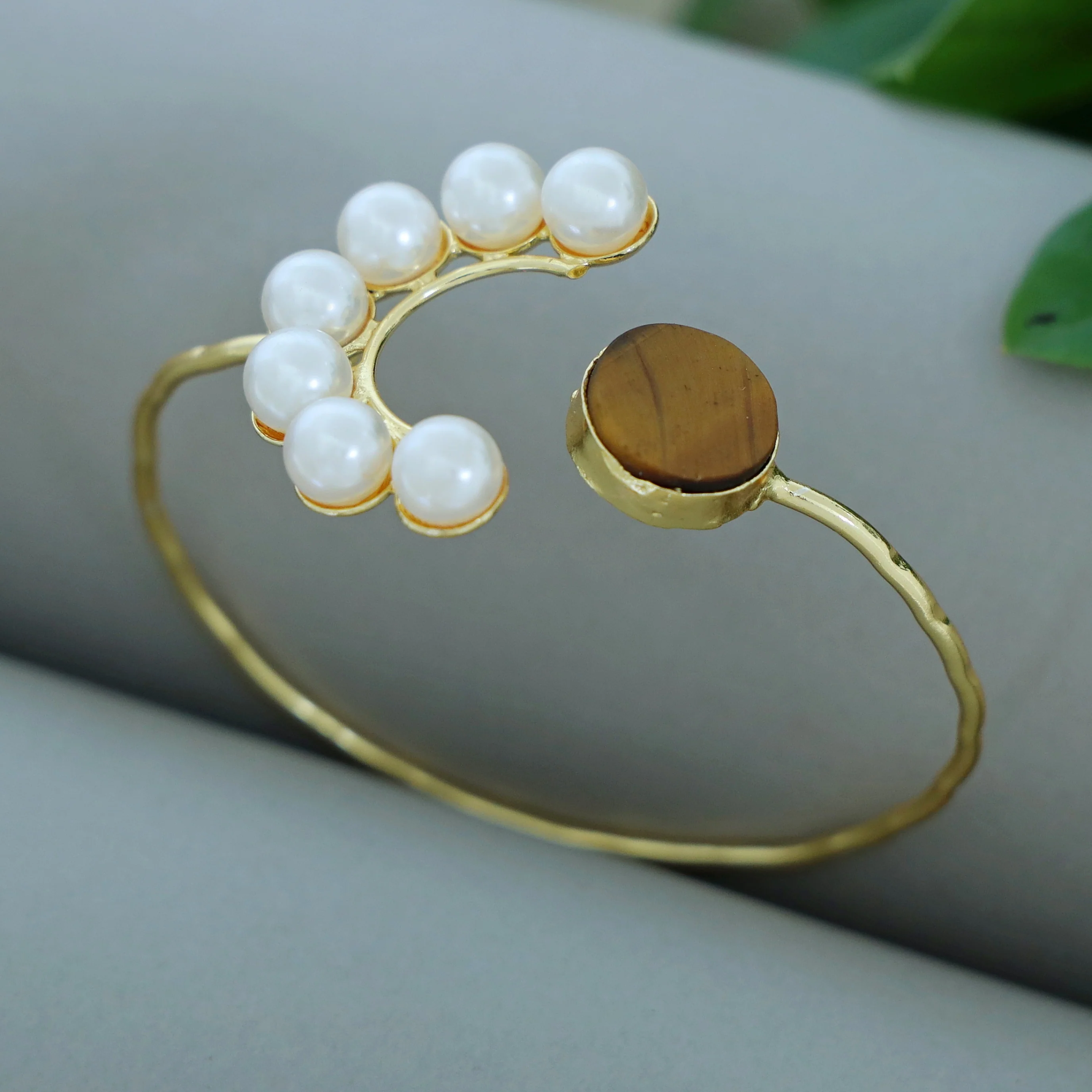 Amika Glossy + Raw Stone Pearl Bangle - Image 5