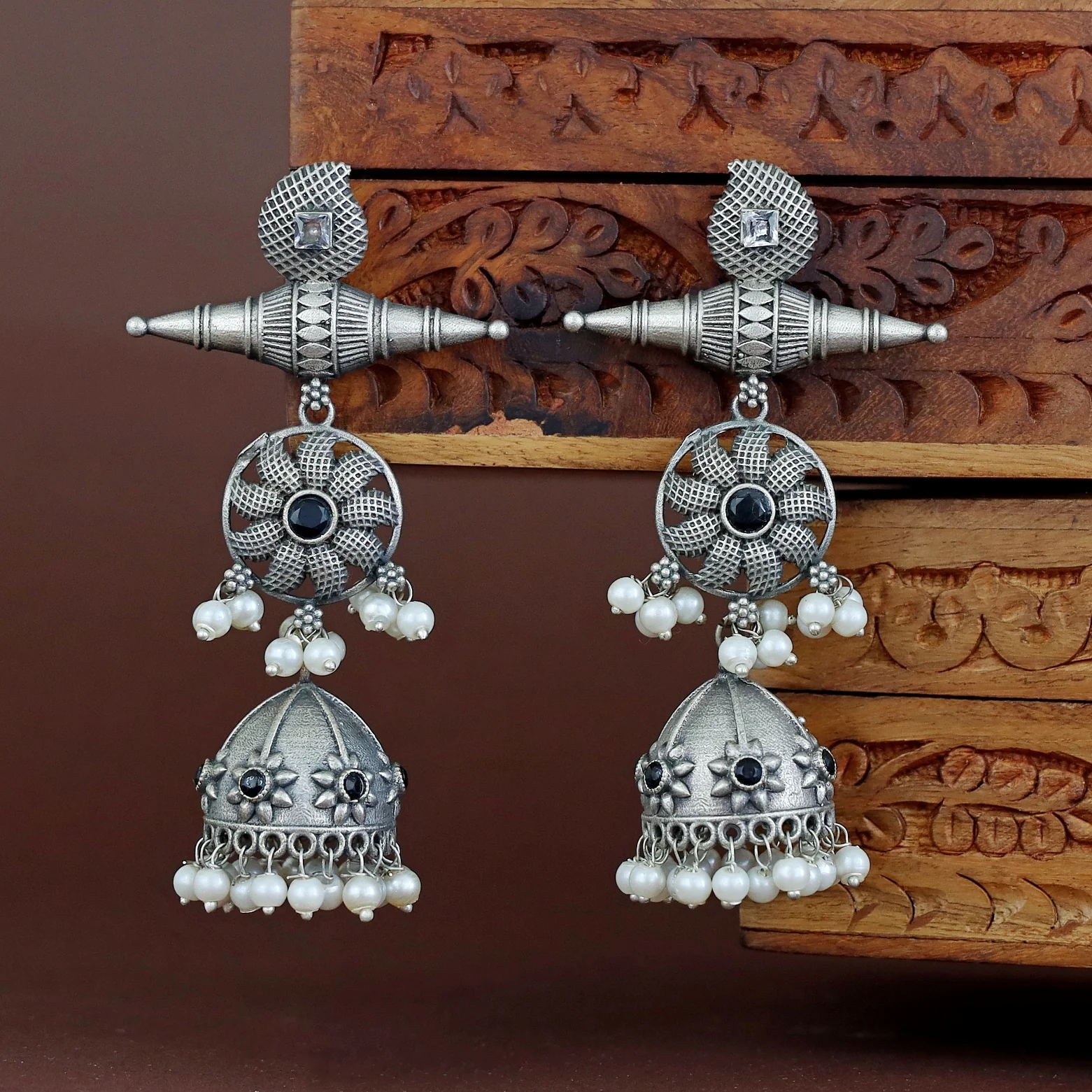 Amira Flower Pearl Jhumka - Image 3