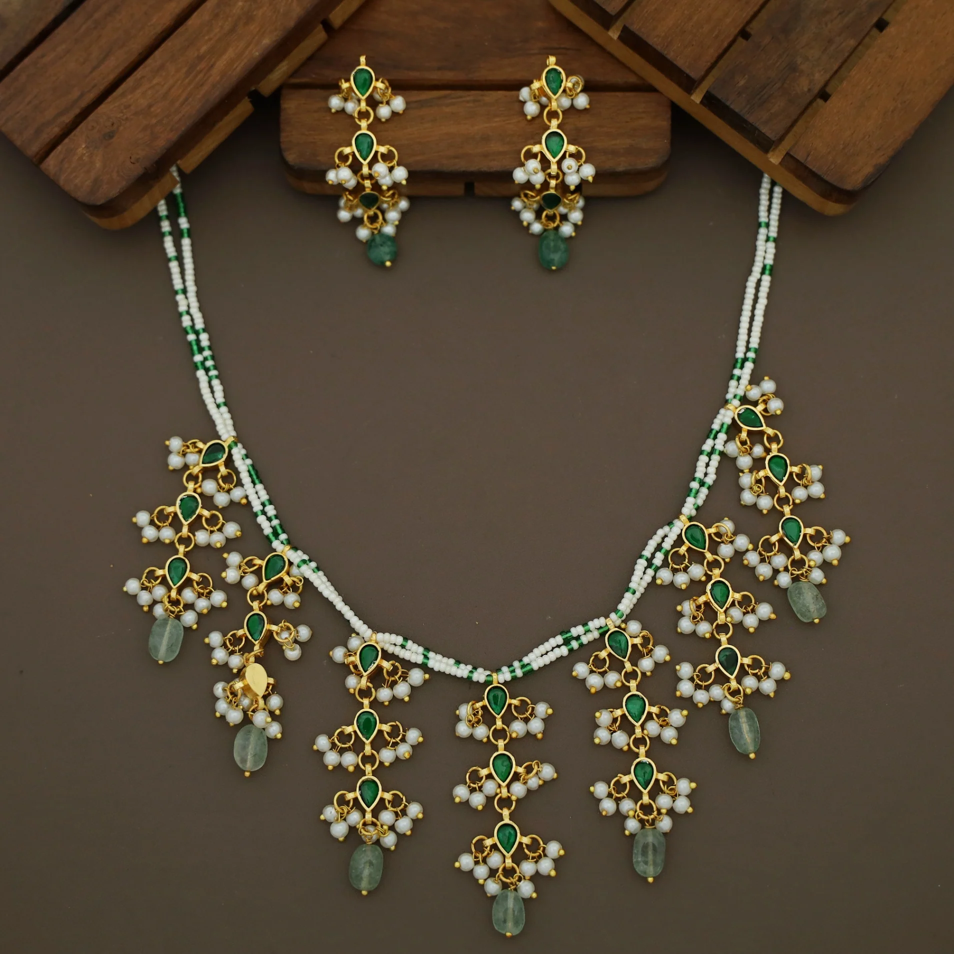Amisha Pearl Bead  Natural Stone Tassel Neckpiece with Earring - Image 2