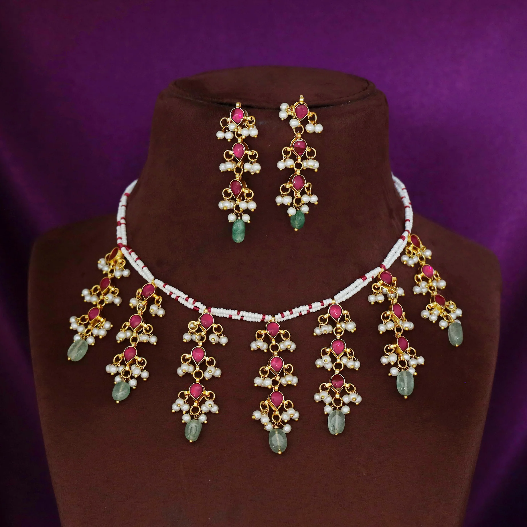 Amisha Pearl Bead  Natural Stone Tassel Neckpiece with Earring - Image 3