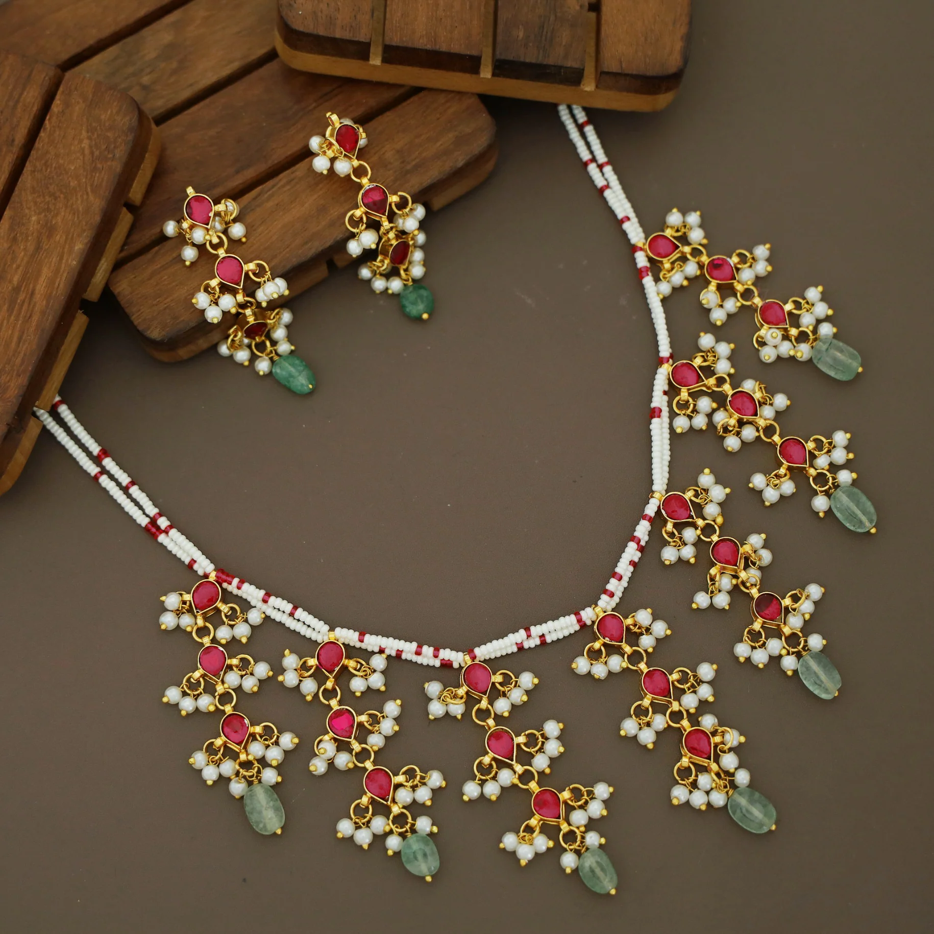 Amisha Pearl Bead  Natural Stone Tassel Neckpiece with Earring - Image 4