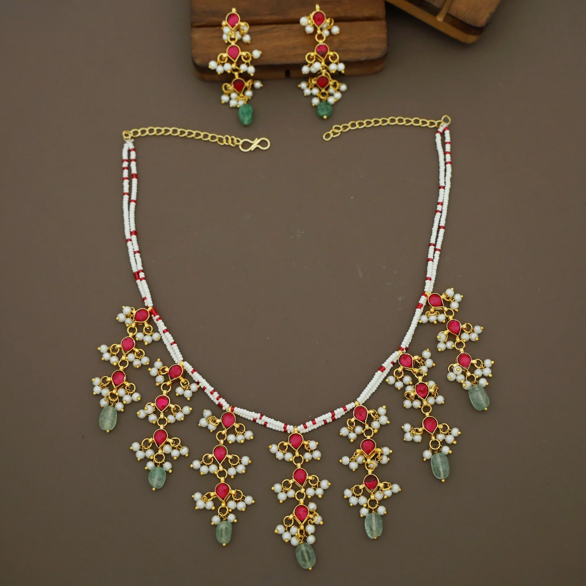 Amisha Pearl Bead  Natural Stone Tassel Neckpiece with Earring - Image 6