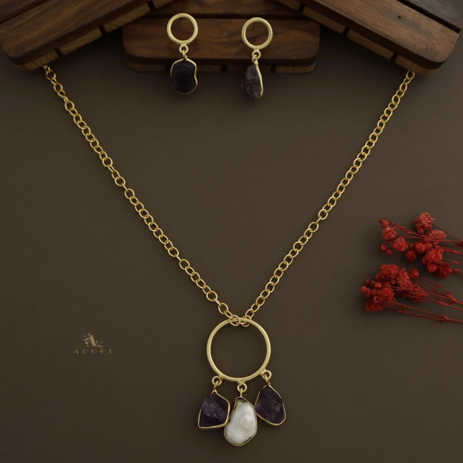 Anabella Raw Stone + Baroque Circle Neckpiece With Earring - Image 6