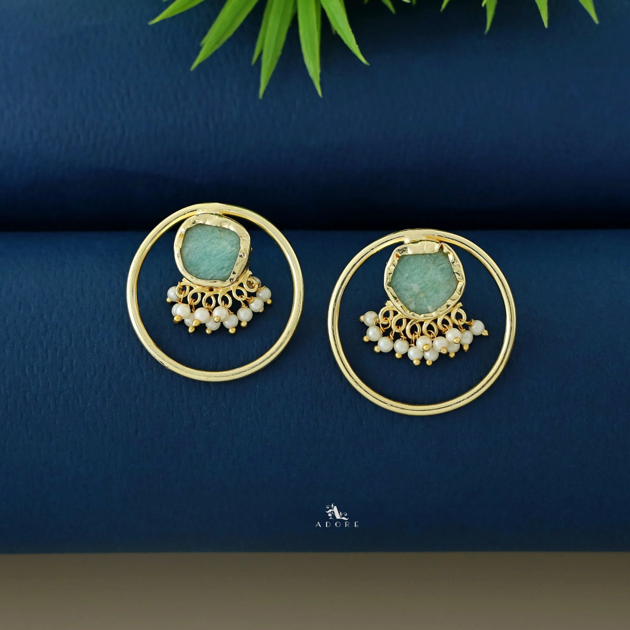 Anamika Golden Circle Pearl Cluster Raw Stone Earring - Image 2