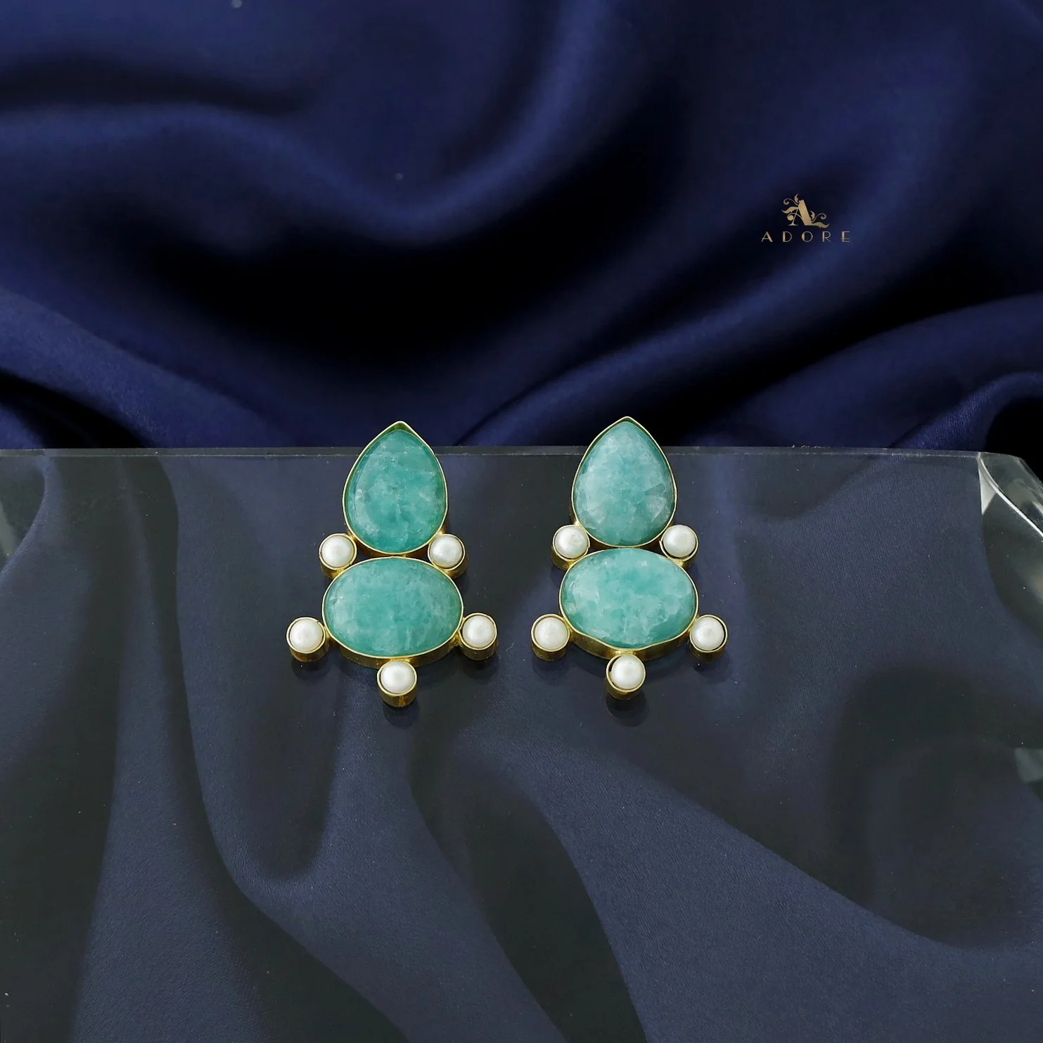 Andriana Oval Jasper stone MOP Earring - Image 10