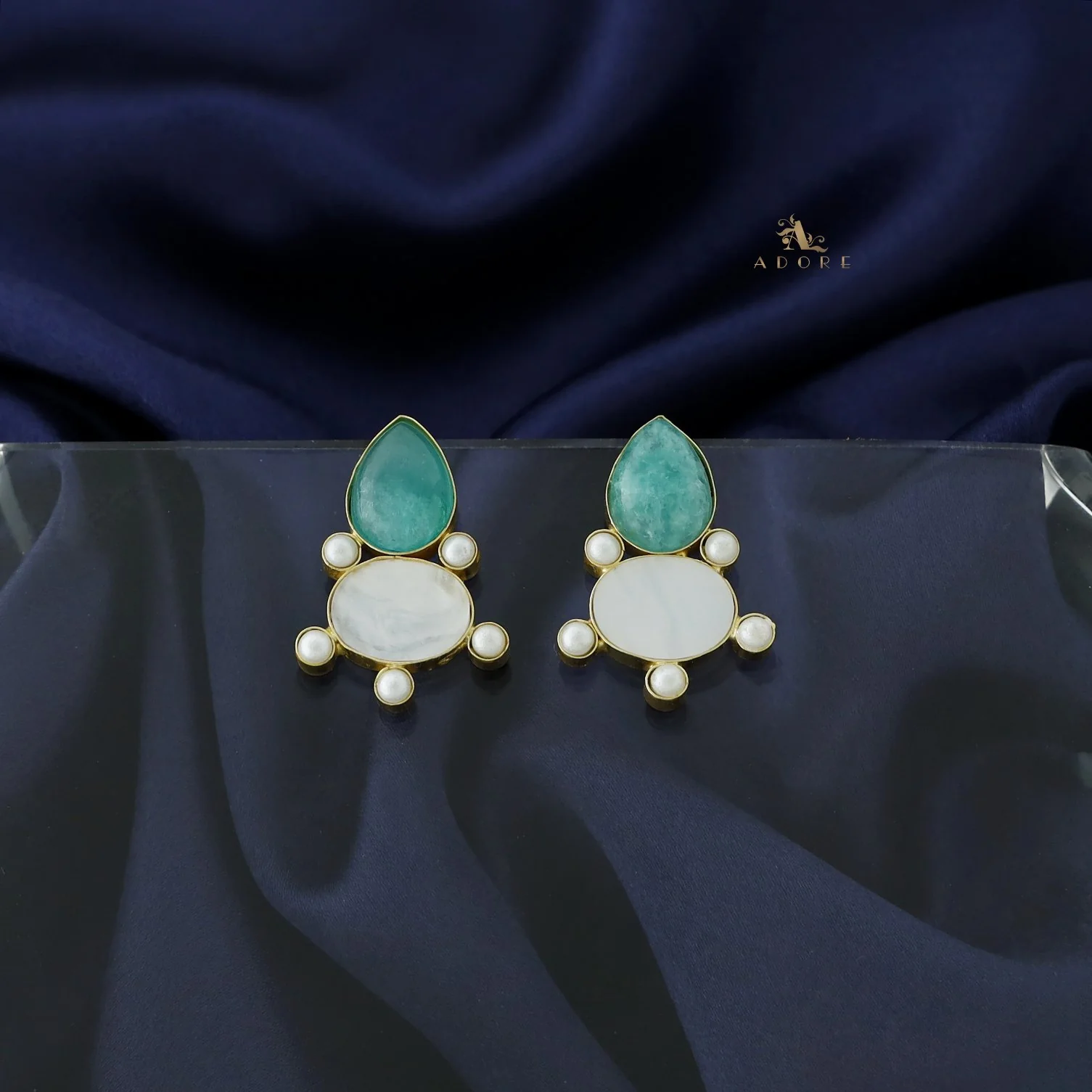 Andriana Oval Jasper stone MOP Earring - Image 11