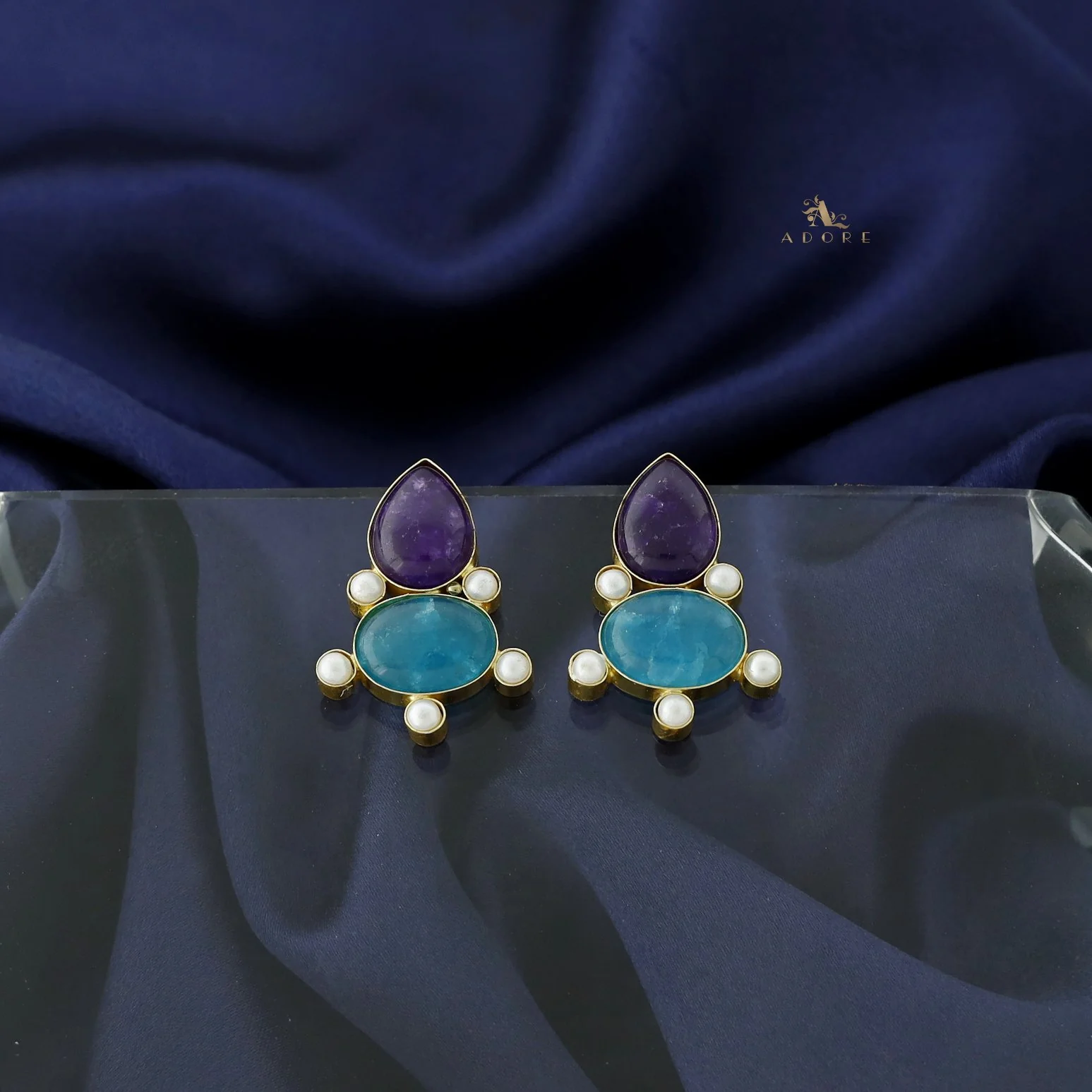Andriana Oval Jasper stone MOP Earring - Image 13