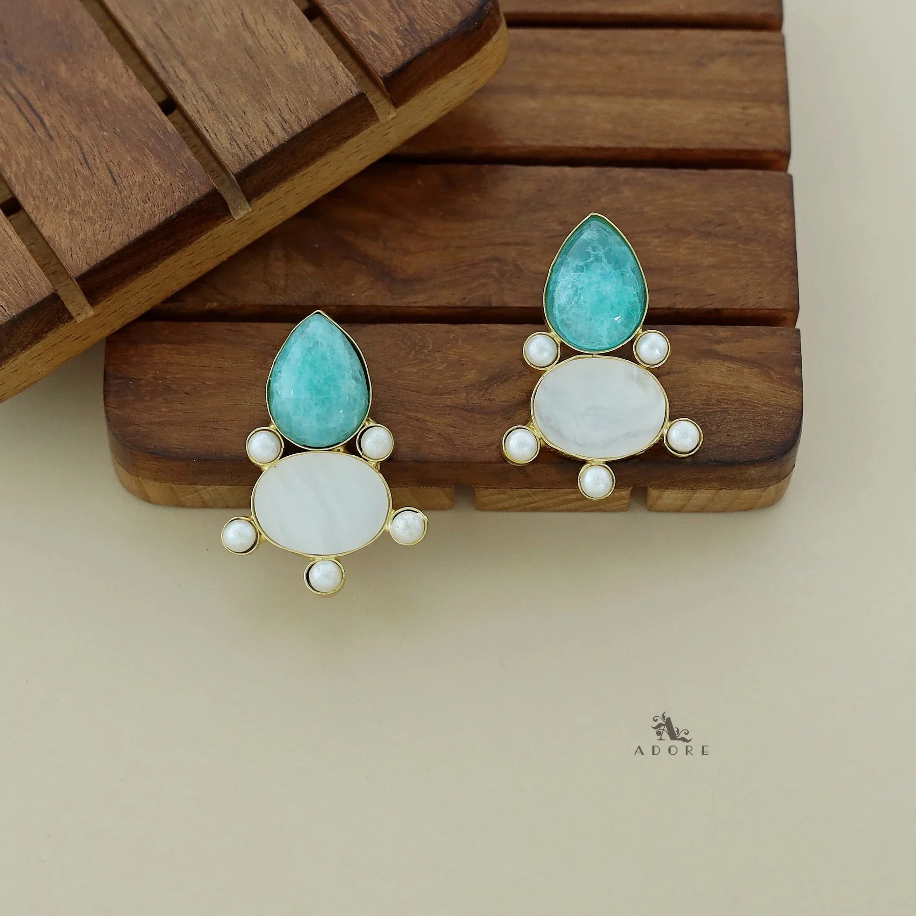 Andriana Oval Jasper stone MOP Earring - Image 15