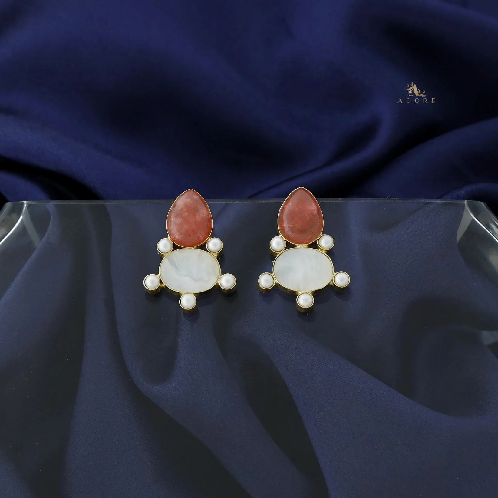 Andriana Oval Jasper stone MOP Earring - Image 3