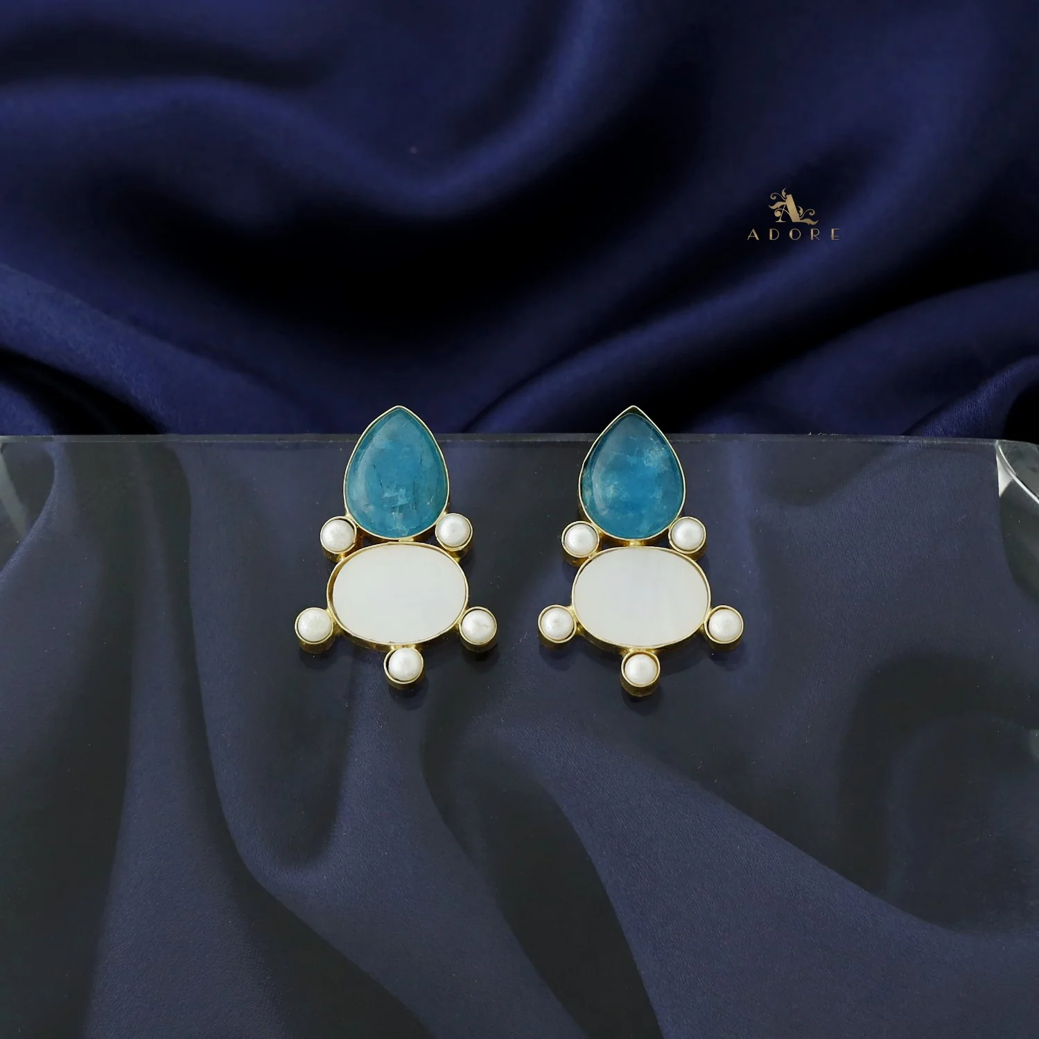 Andriana Oval Jasper stone MOP Earring - Image 4