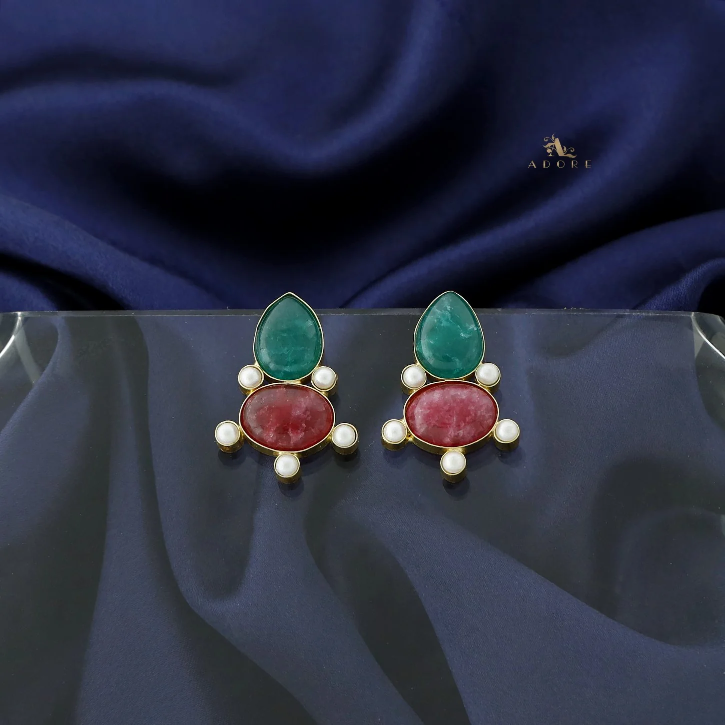 Andriana Oval Jasper stone MOP Earring - Image 5
