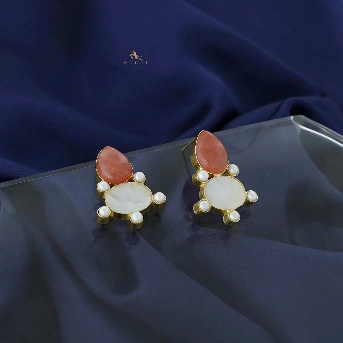 Andriana Oval Jasper stone MOP Earring - Image 6