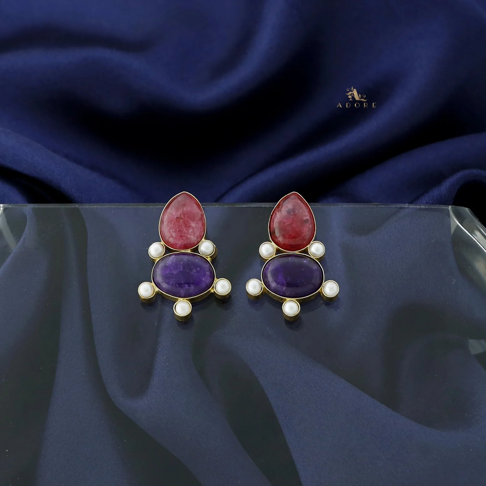 Andriana Oval Jasper stone MOP Earring - Image 7