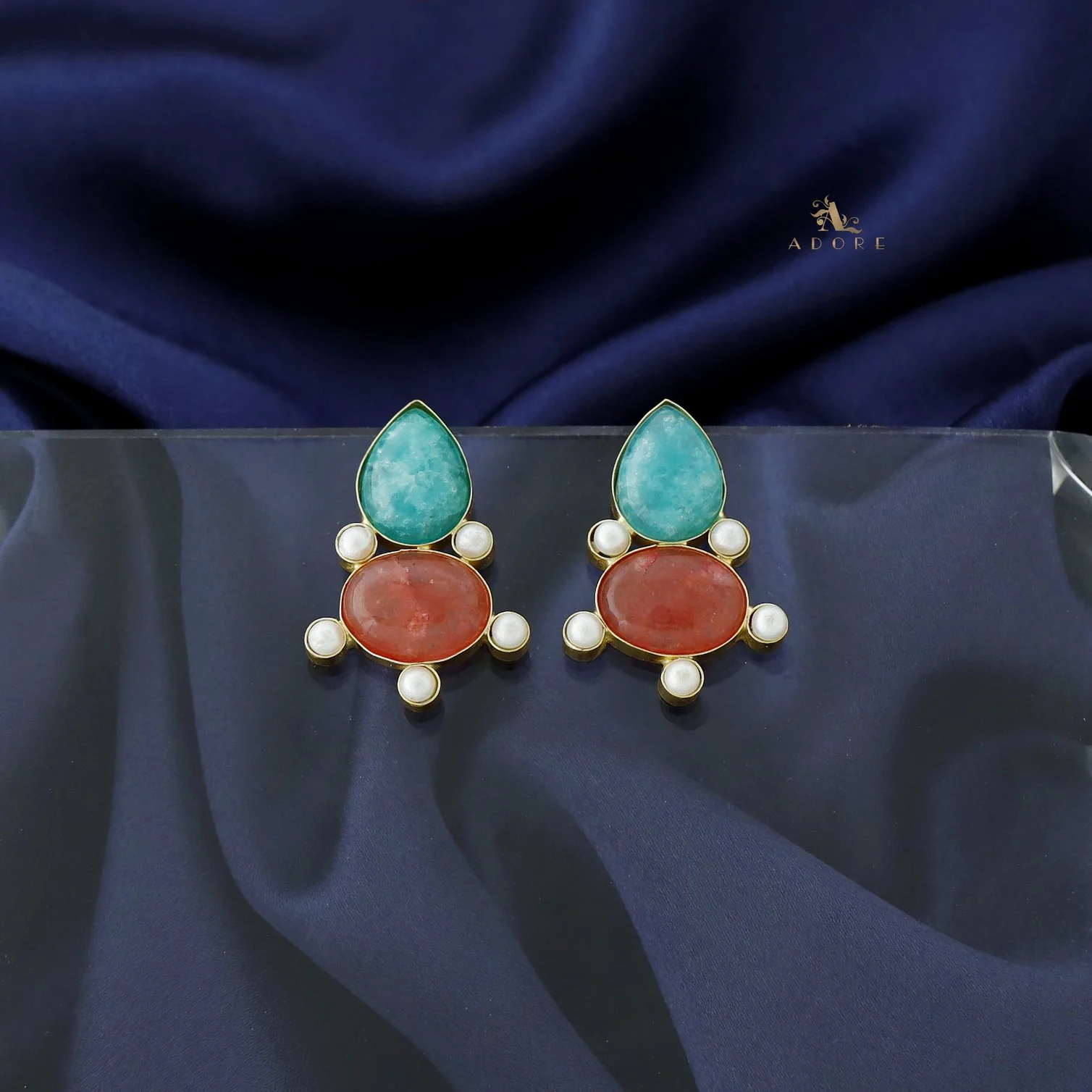 Andriana Oval Jasper stone MOP Earring - Image 9