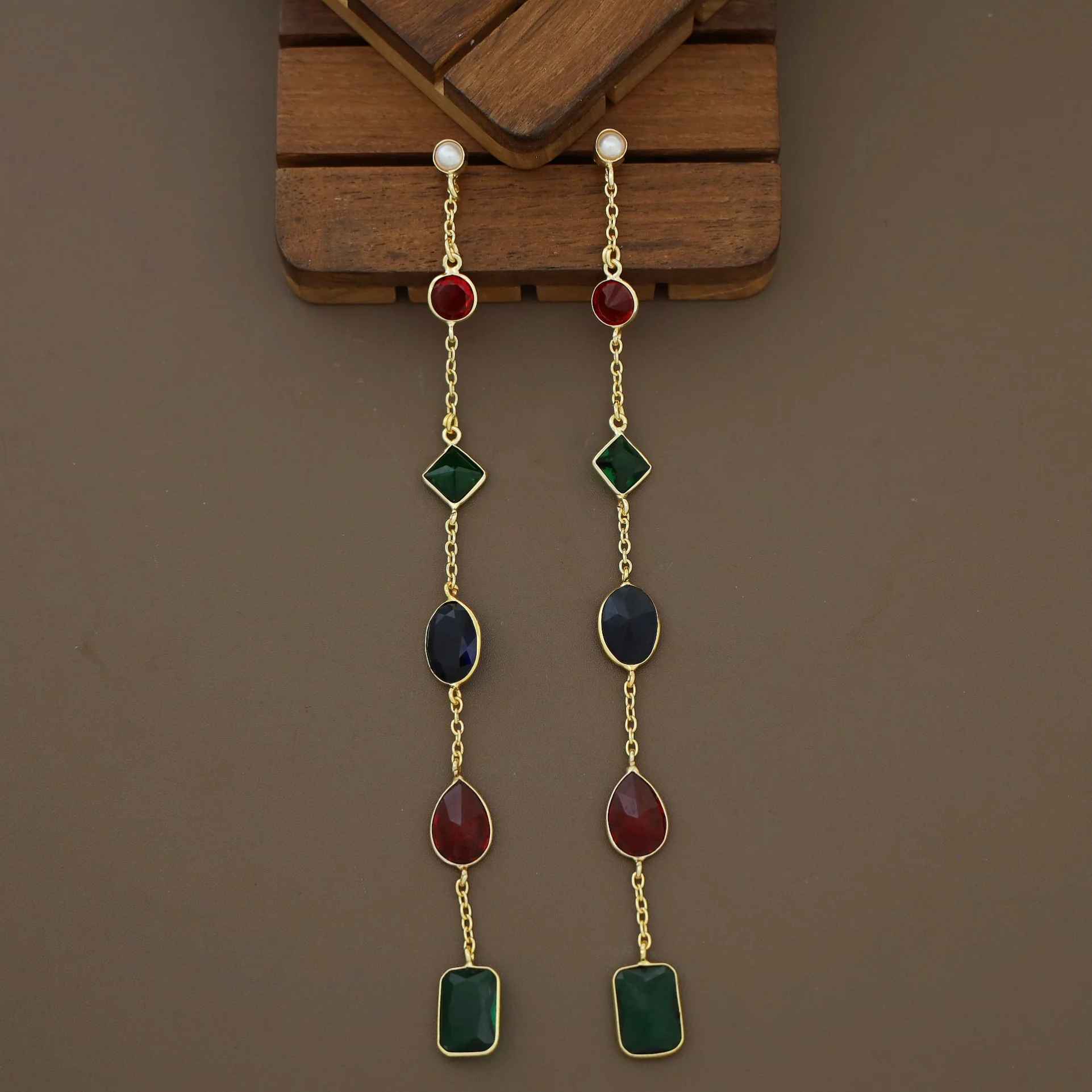 Golden Chainy Long Multishape Glossy Stone Earring - Image 2
