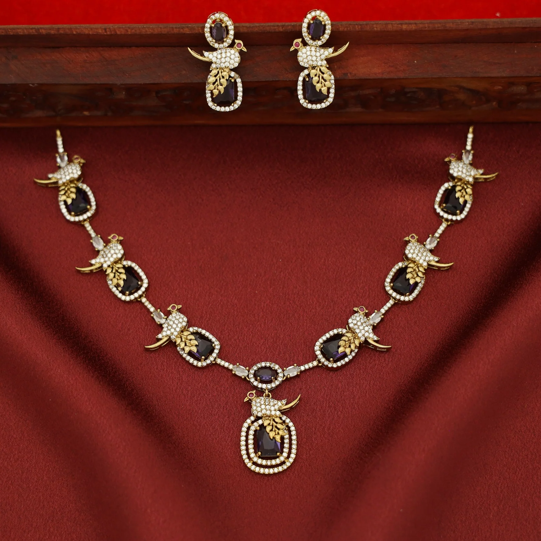 Anjana AD Stone Bird Glossy Rectangle Short Neckpiece With Earring - Image 2
