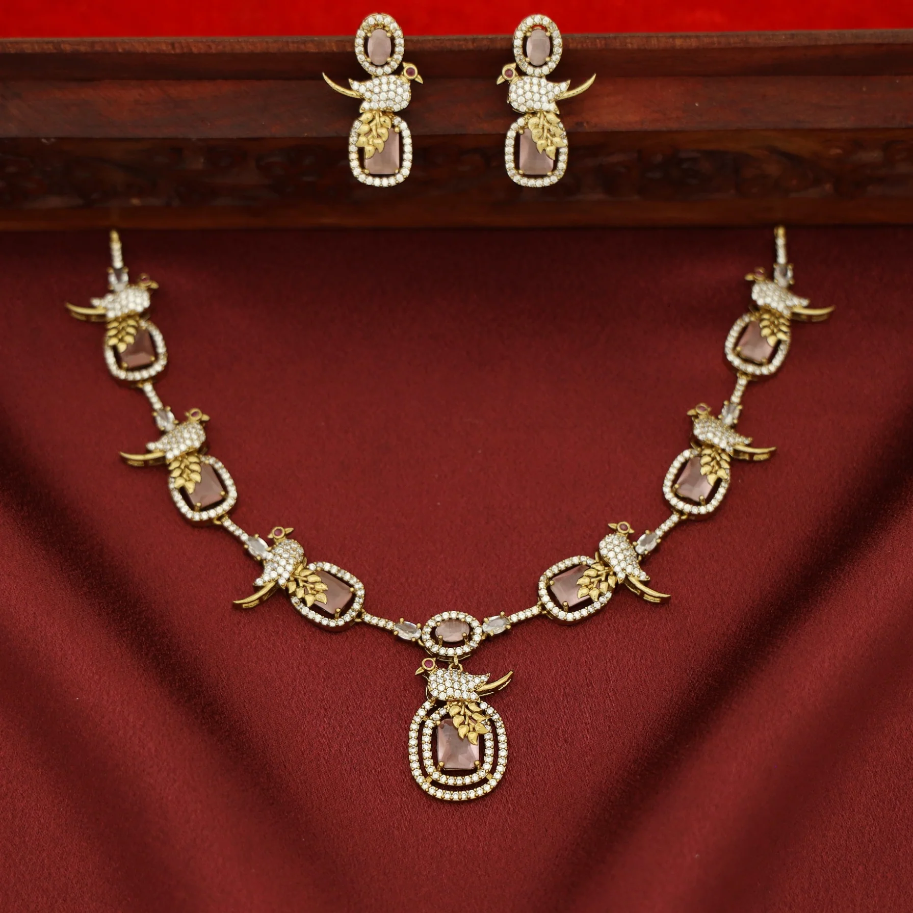 Anjana AD Stone Bird Glossy Rectangle Short Neckpiece With Earring - Image 3