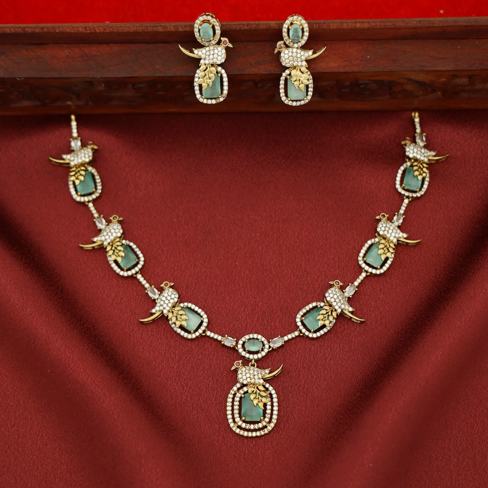 Anjana AD Stone Bird Glossy Rectangle Short Neckpiece With Earring - Image 4