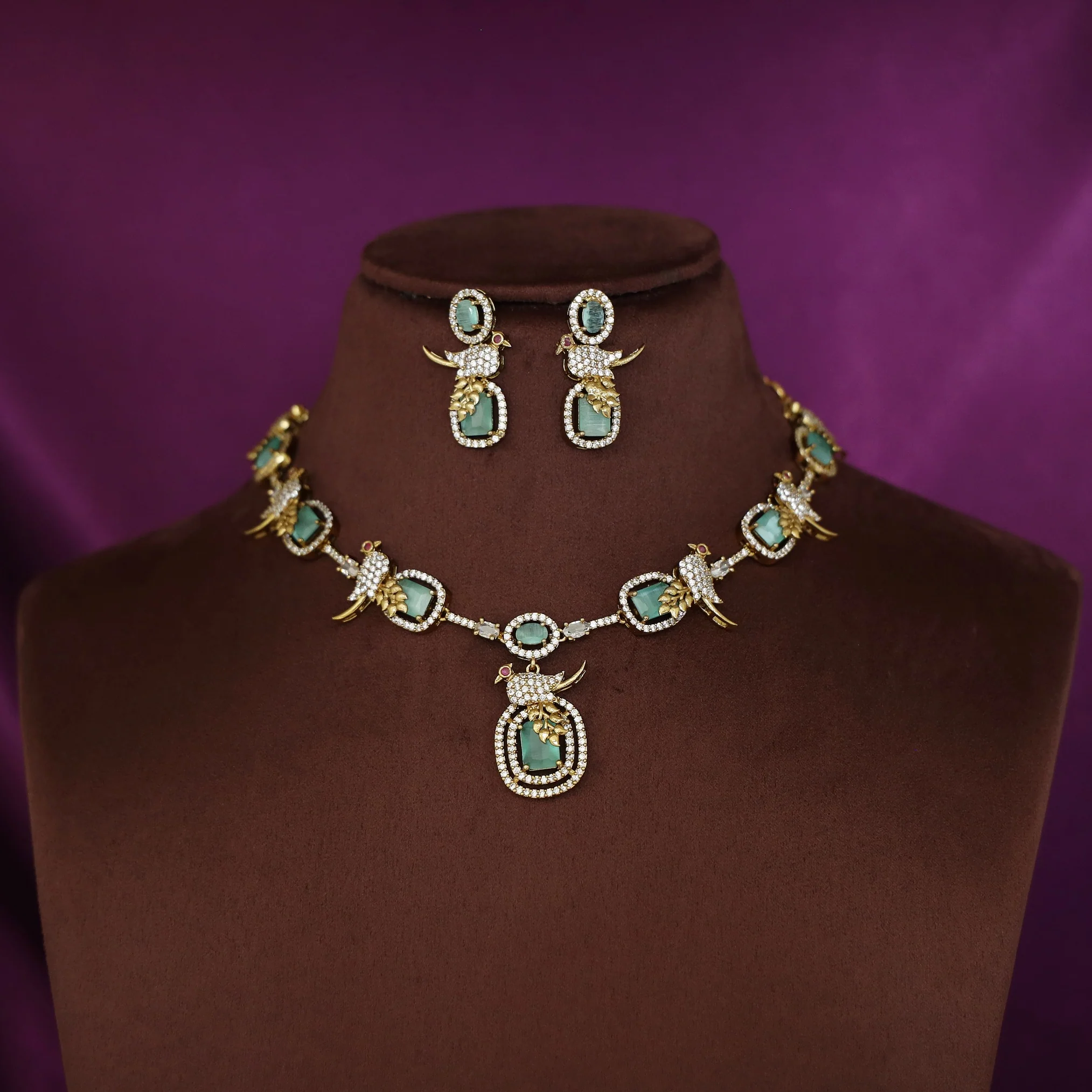 Anjana AD Stone Bird Glossy Rectangle Short Neckpiece With Earring - Image 5