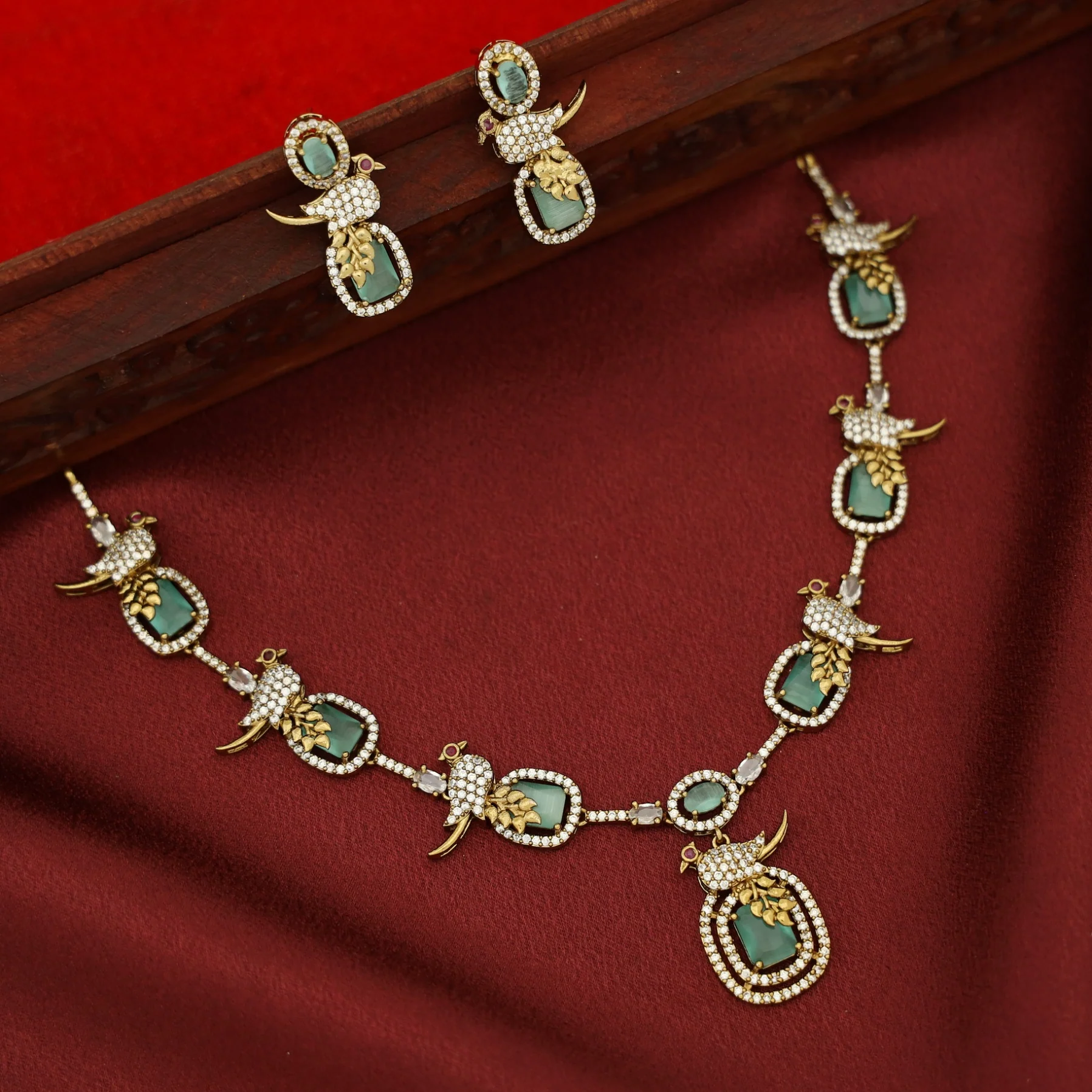 Anjana AD Stone Bird Glossy Rectangle Short Neckpiece With Earring - Image 6