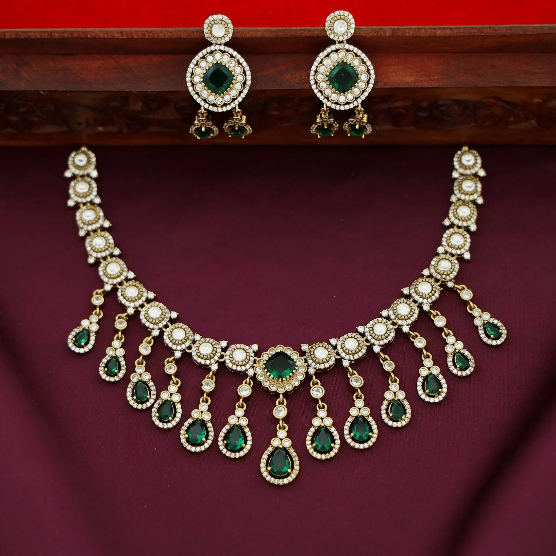 Anoohya AD Stone Hanging Drop Short Neckpiece With Earring - Image 2