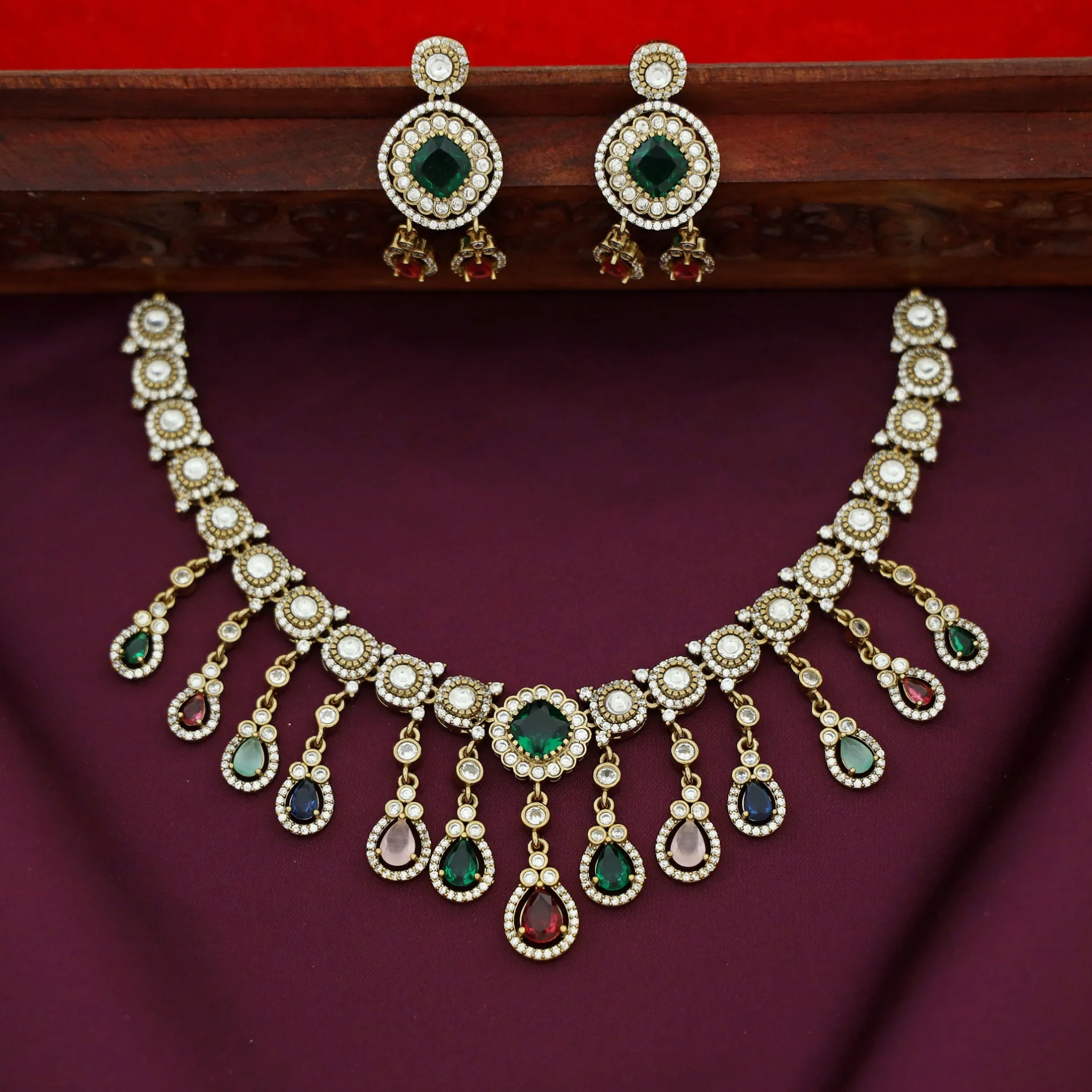 Anoohya AD Stone Hanging Drop Short Neckpiece With Earring - Image 3