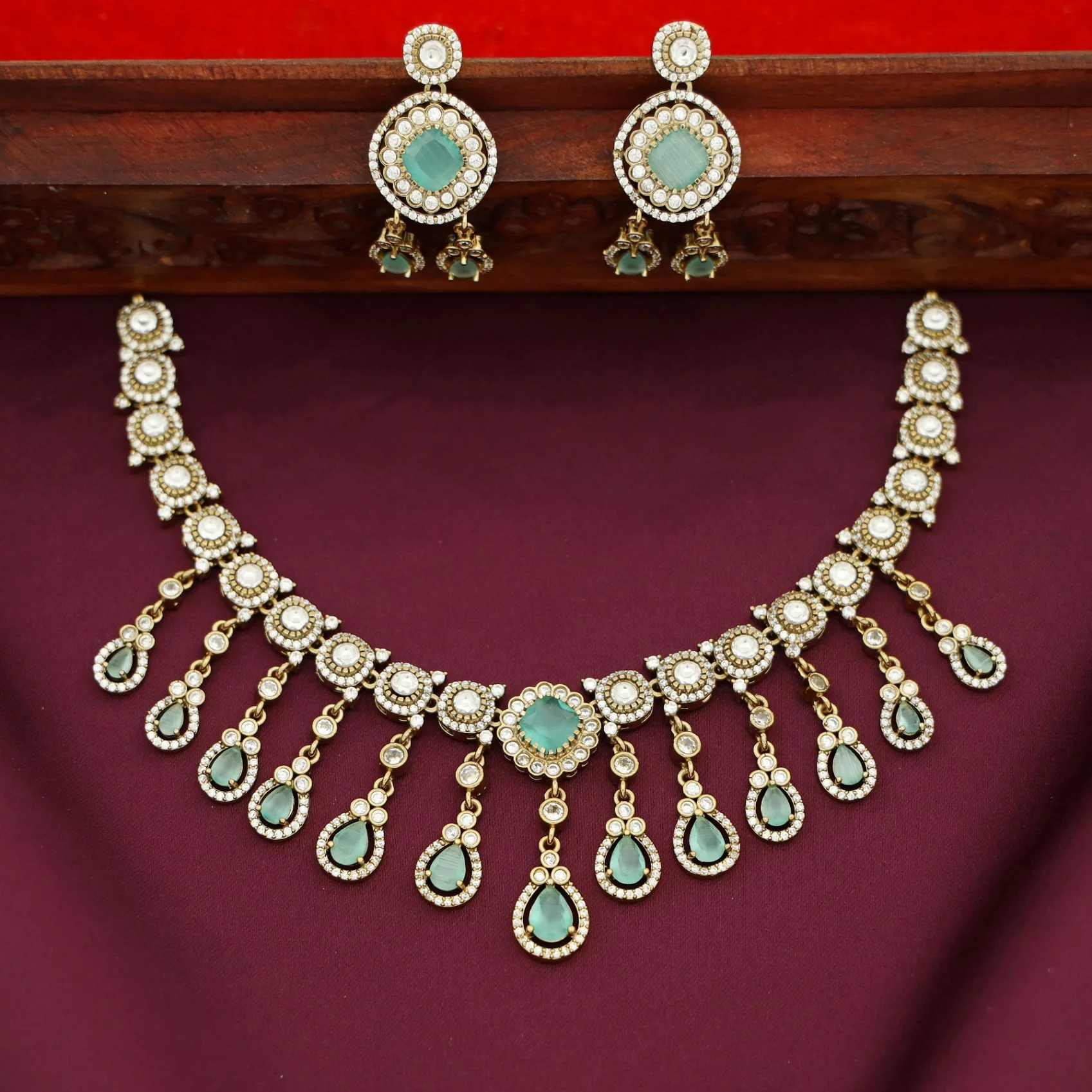 Anoohya AD Stone Hanging Drop Short Neckpiece With Earring - Image 4
