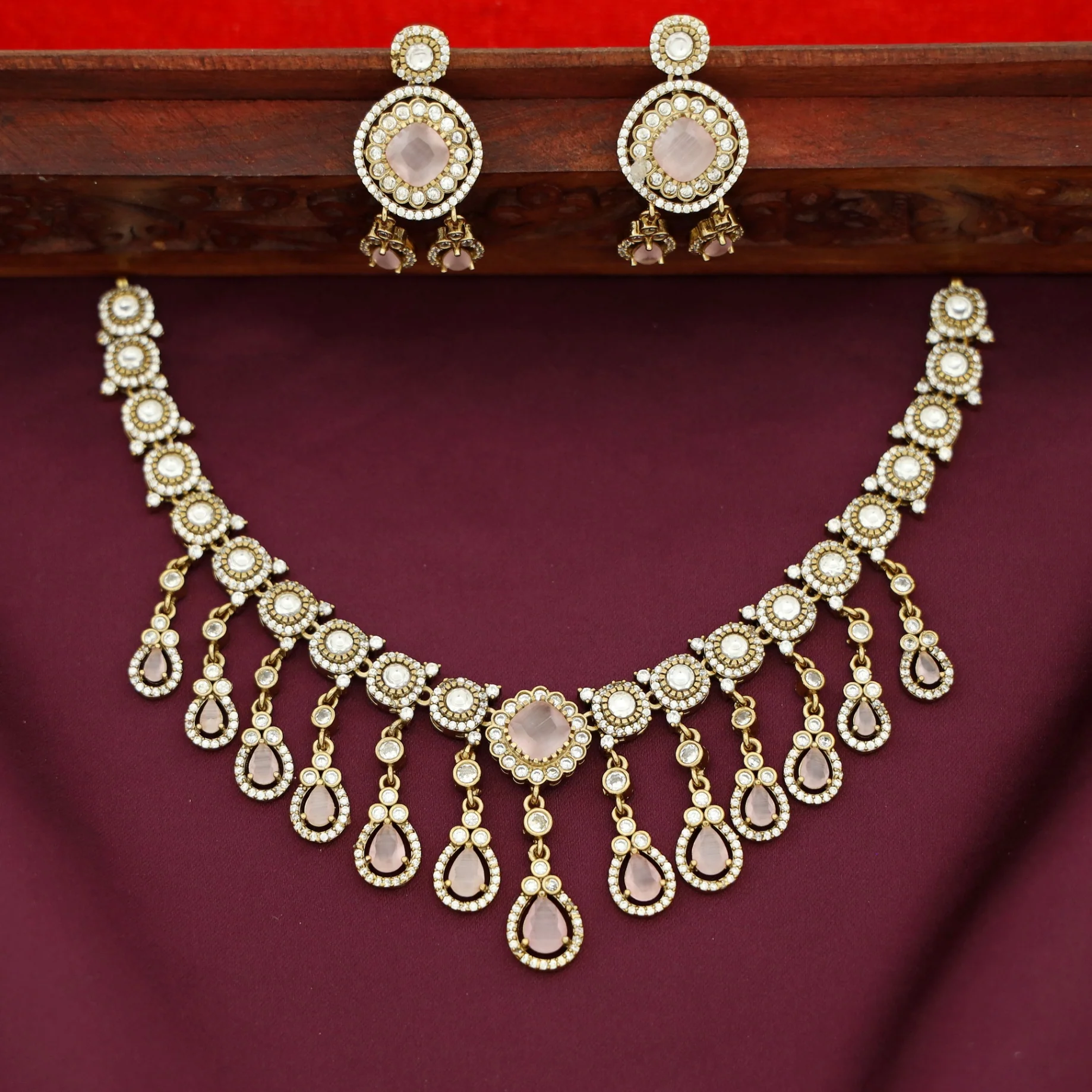 Anoohya AD Stone Hanging Drop Short Neckpiece With Earring - Image 5