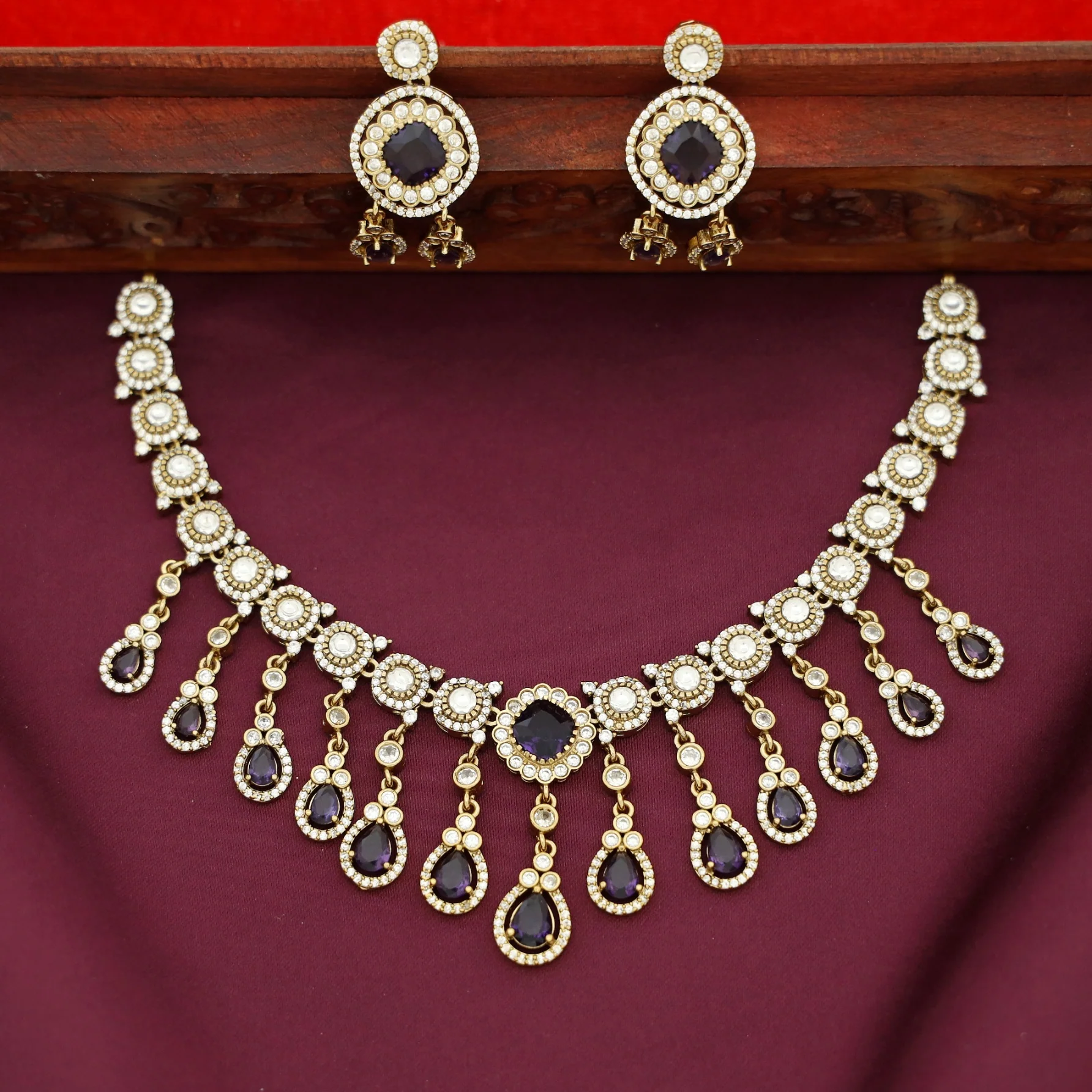 Anoohya AD Stone Hanging Drop Short Neckpiece With Earring - Image 6