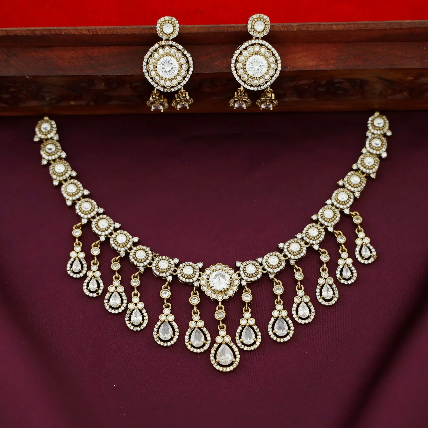 Anoohya AD Stone Hanging Drop Short Neckpiece With Earring - Image 7