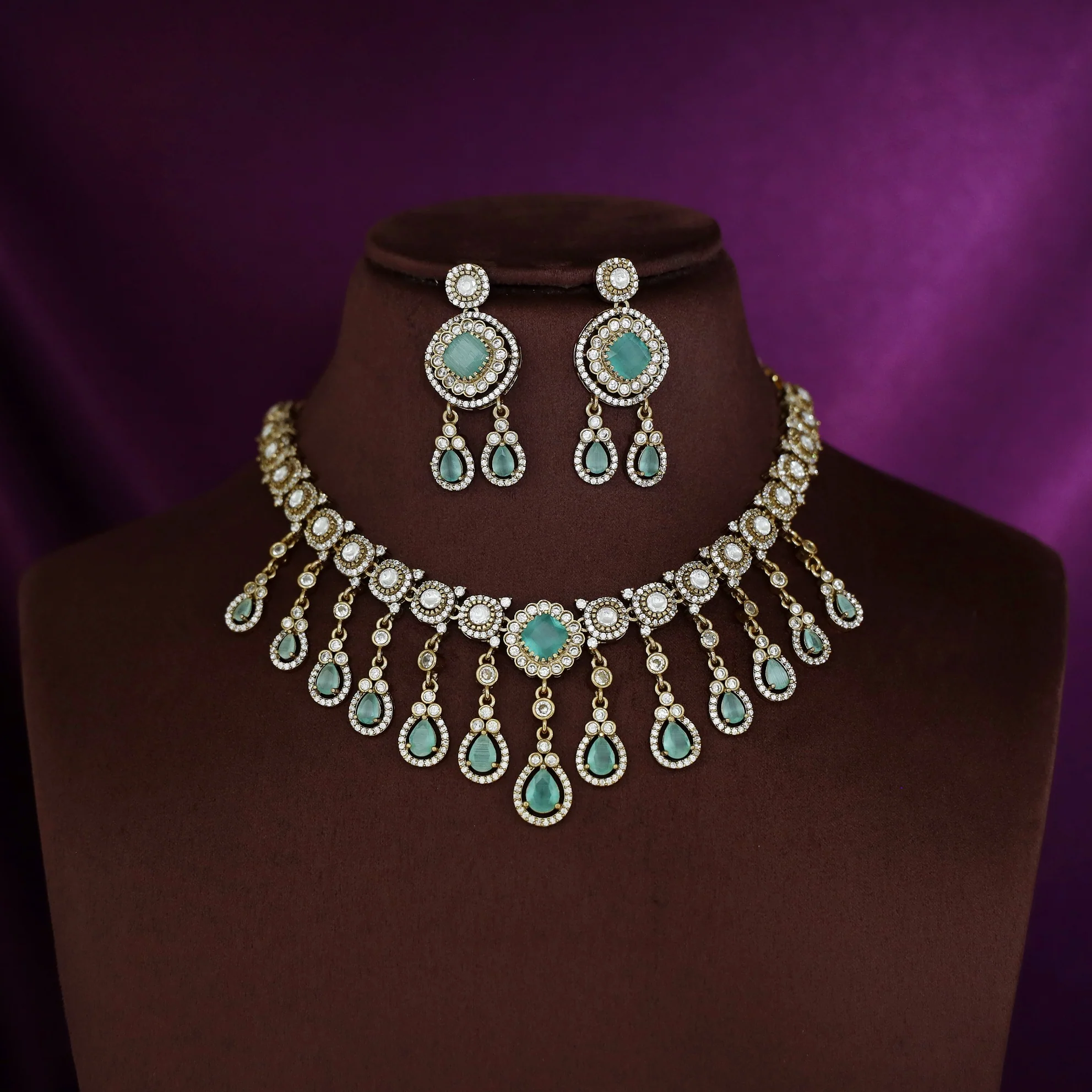 Anoohya AD Stone Hanging Drop Short Neckpiece With Earring - Image 8