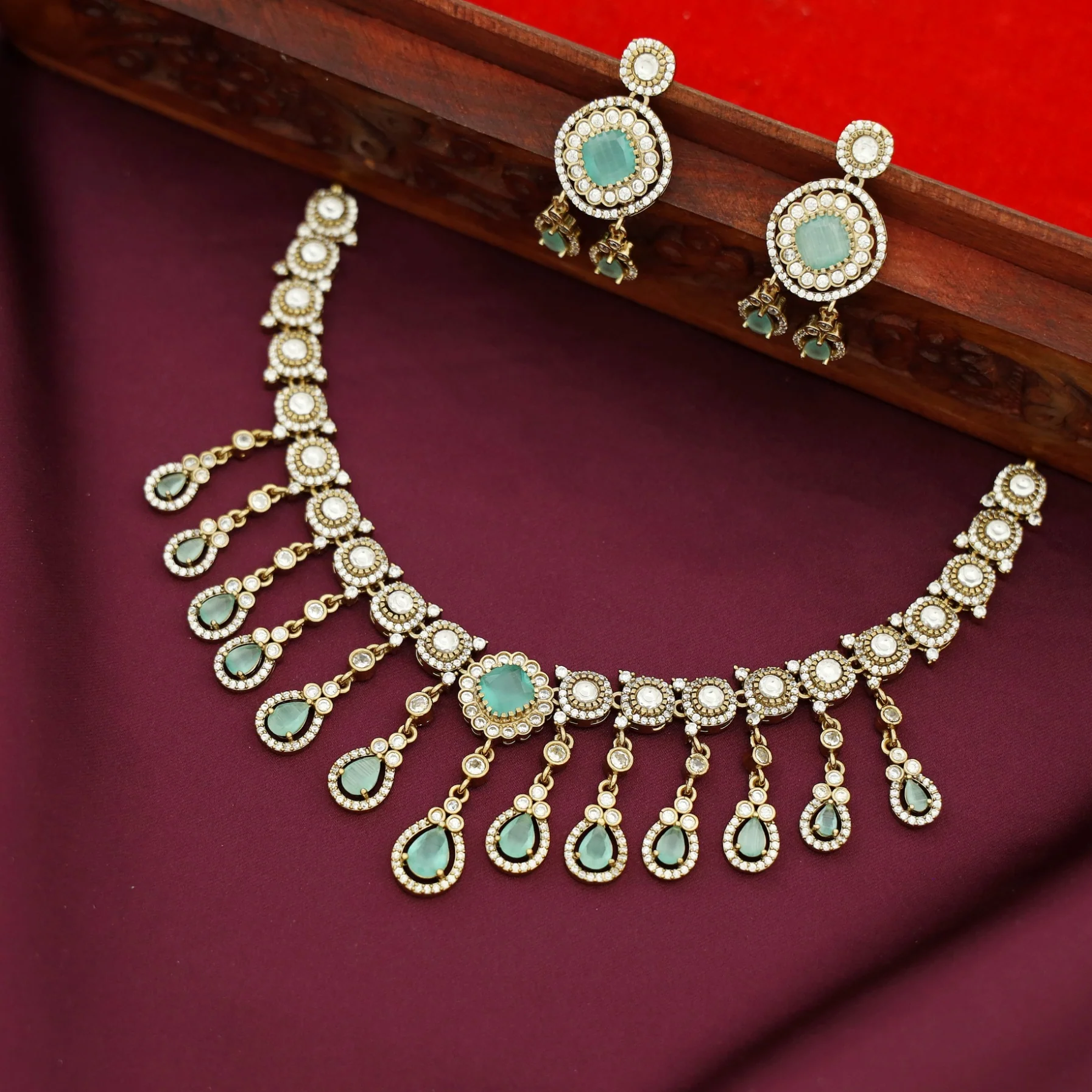 Anoohya AD Stone Hanging Drop Short Neckpiece With Earring - Image 9