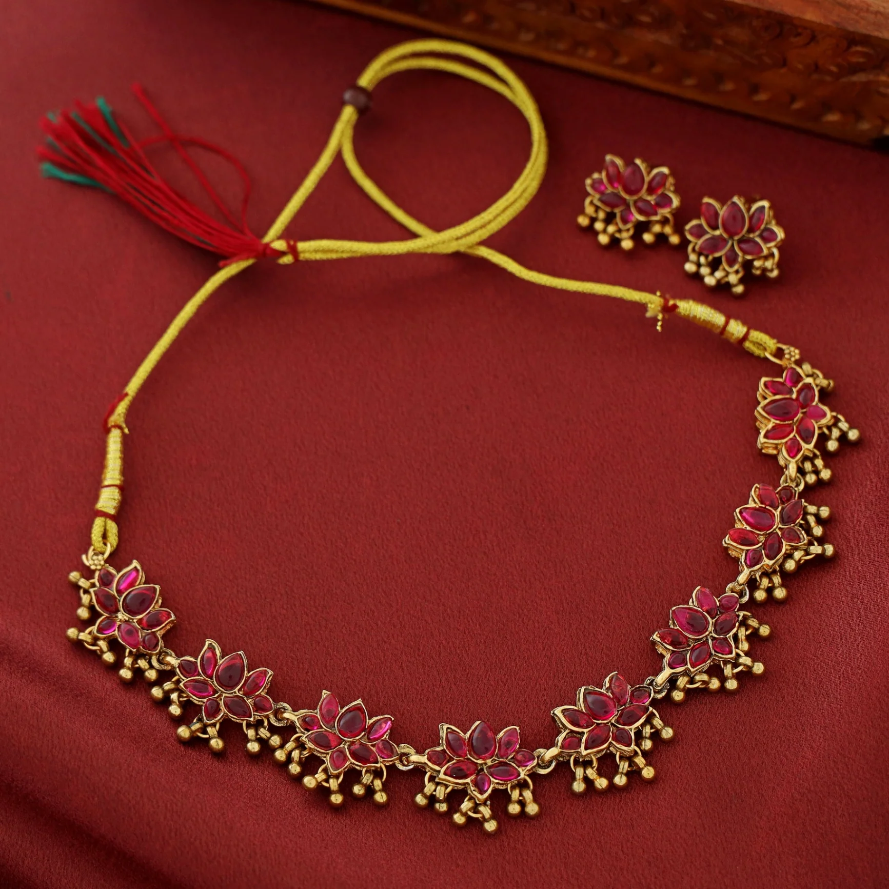 Anshika Golden Beads Lotus Neckpiece With Earring - Image 10