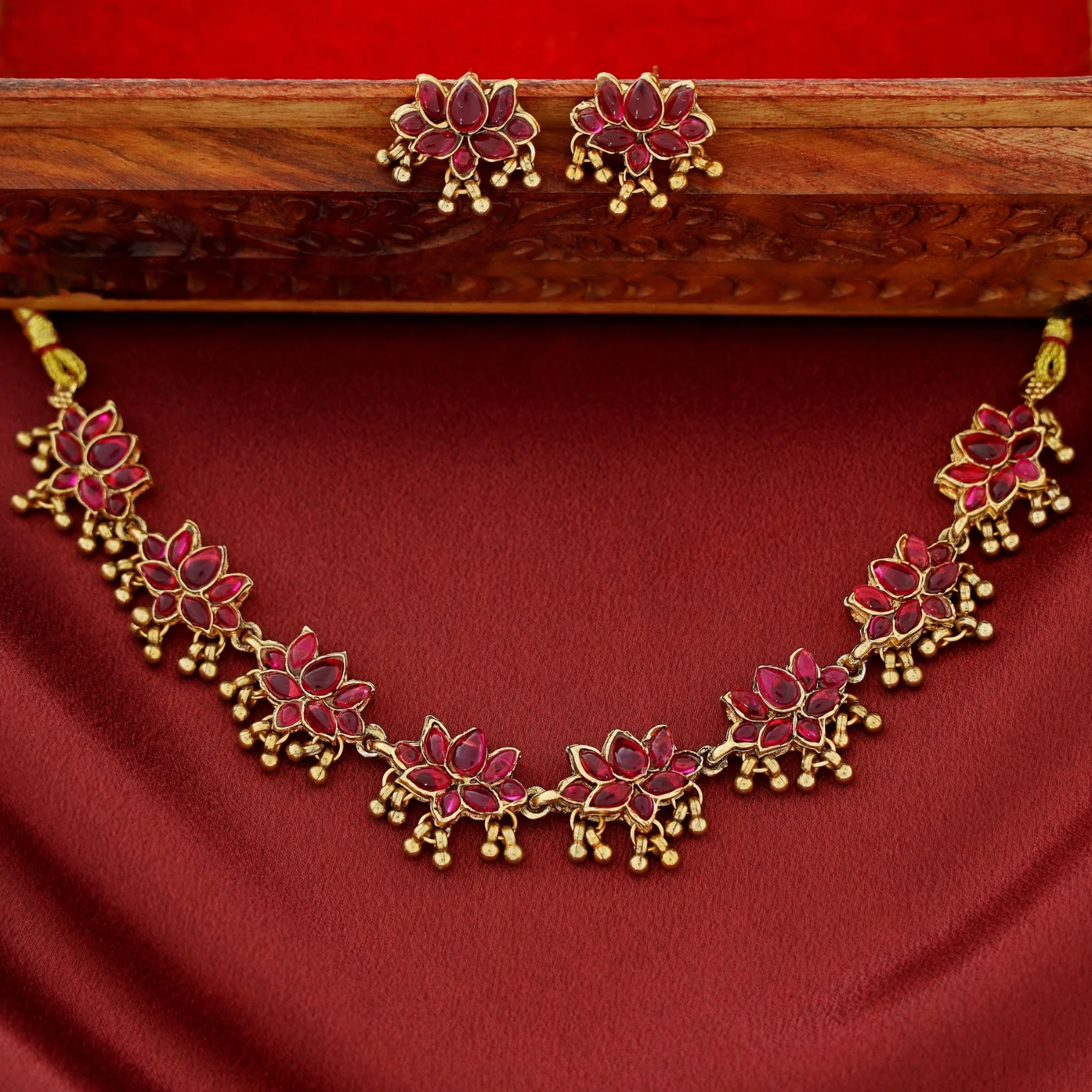 Anshika Golden Beads Lotus Neckpiece With Earring - Image 2