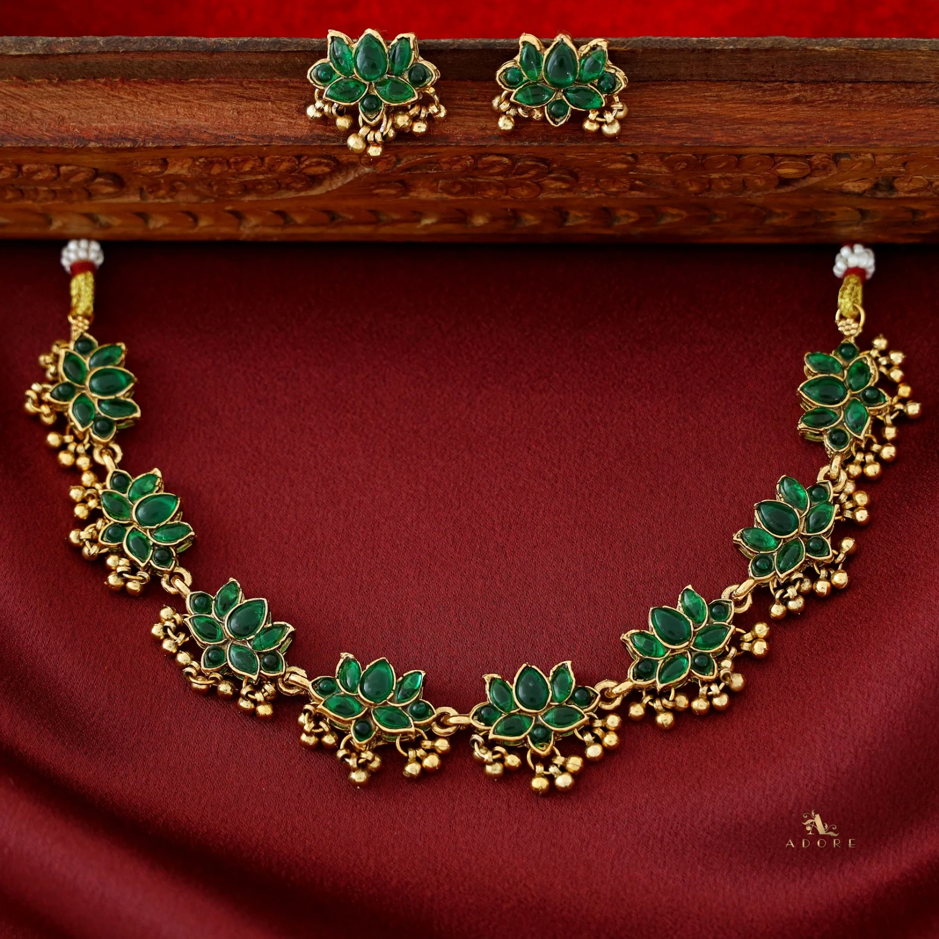 Anshika Golden Beads Lotus Neckpiece With Earring - Image 4
