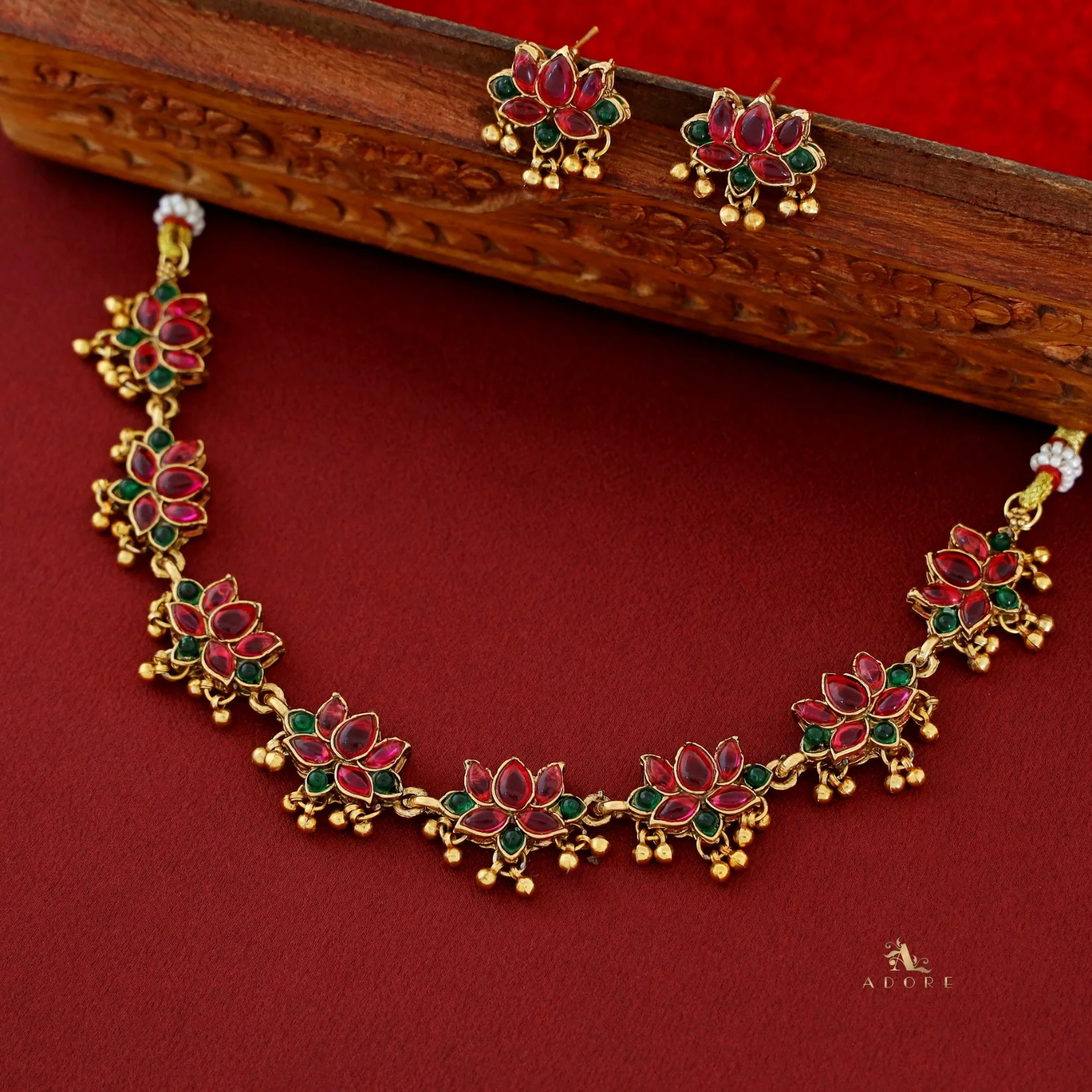 Anshika Golden Beads Lotus Neckpiece With Earring - Image 5