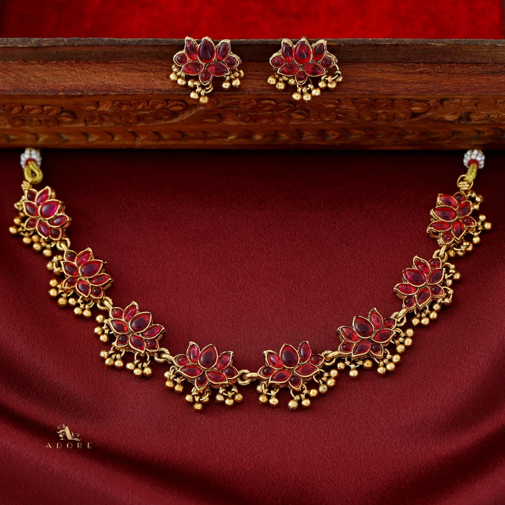 Anshika Golden Beads Lotus Neckpiece With Earring - Image 6