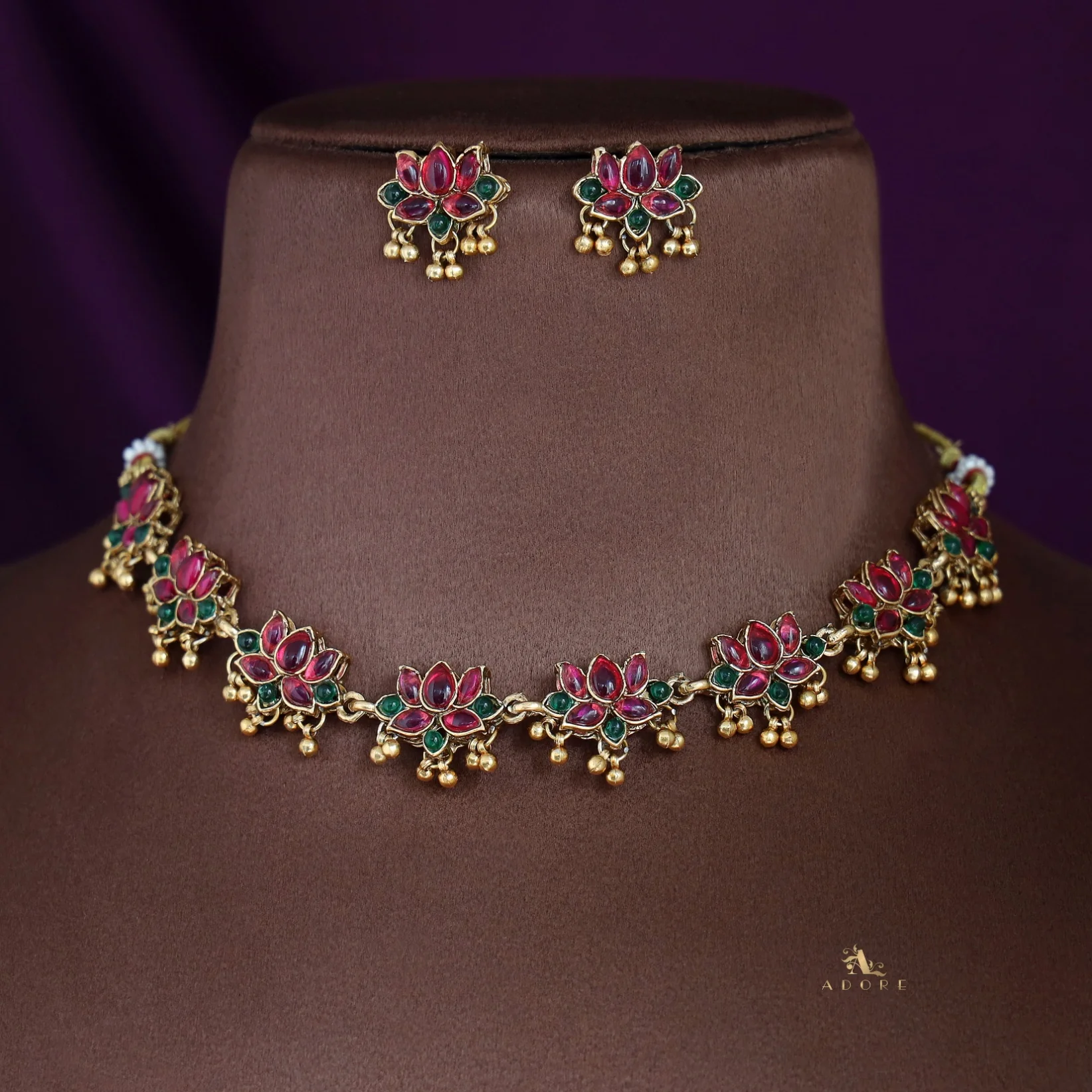 Anshika Golden Beads Lotus Neckpiece With Earring - Image 7