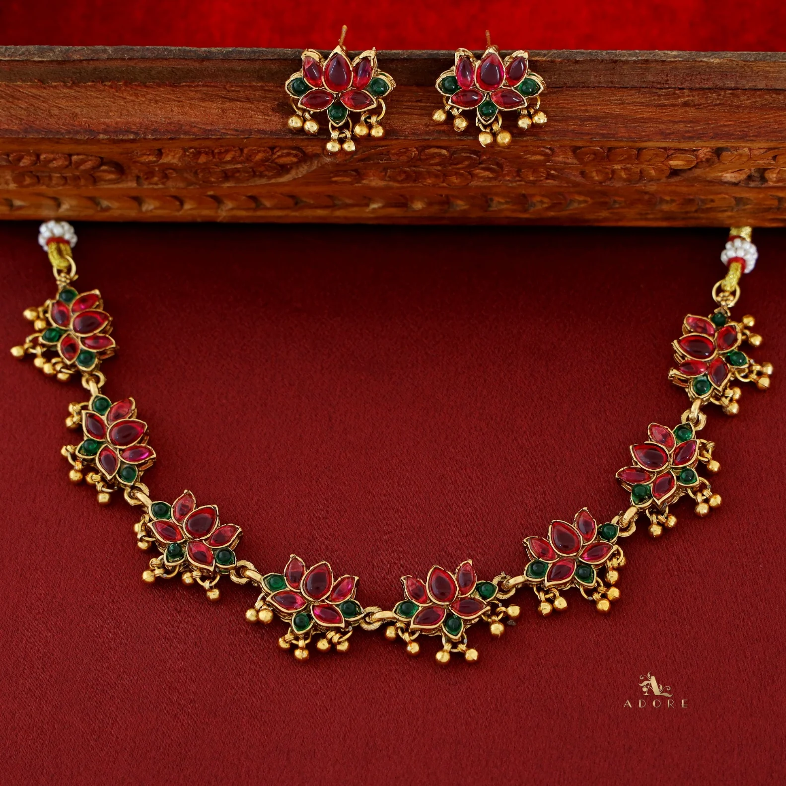 Anshika Golden Beads Lotus Neckpiece With Earring - Image 8