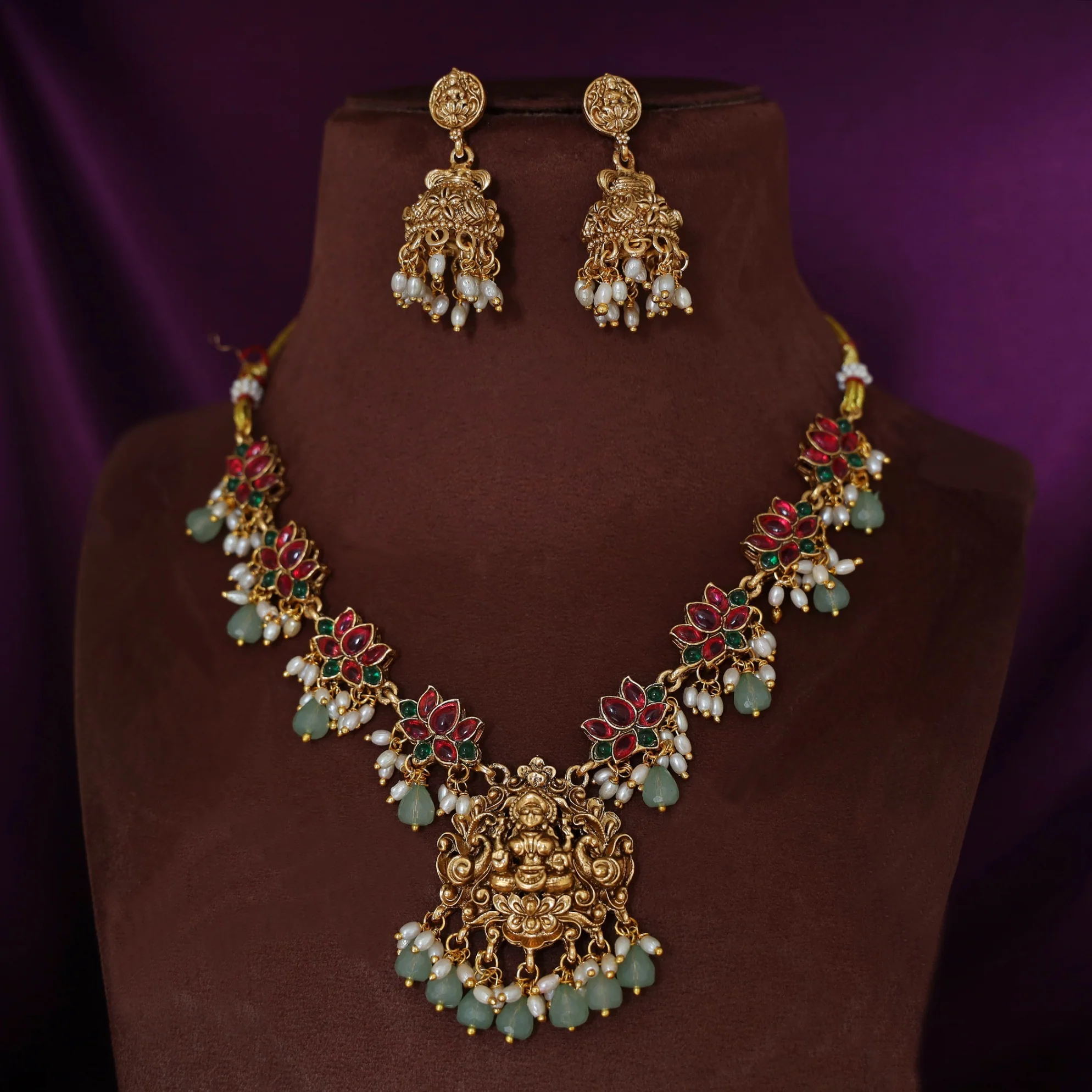 Anshika Pearl Lotus Devi Pendant Neckpiece With Earring - Image 2
