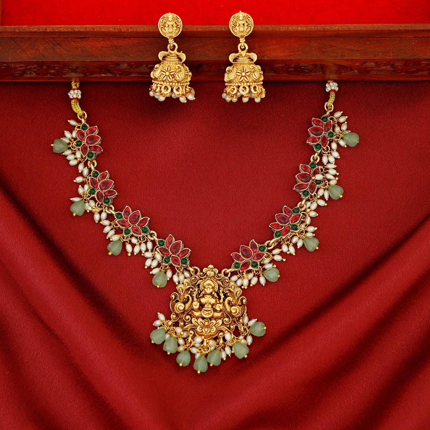 Anshika Pearl Lotus Devi Pendant Neckpiece With Earring - Image 3