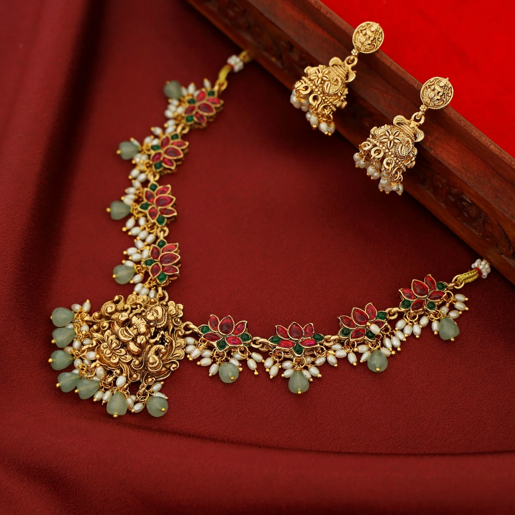 Anshika Pearl Lotus Devi Pendant Neckpiece With Earring - Image 4
