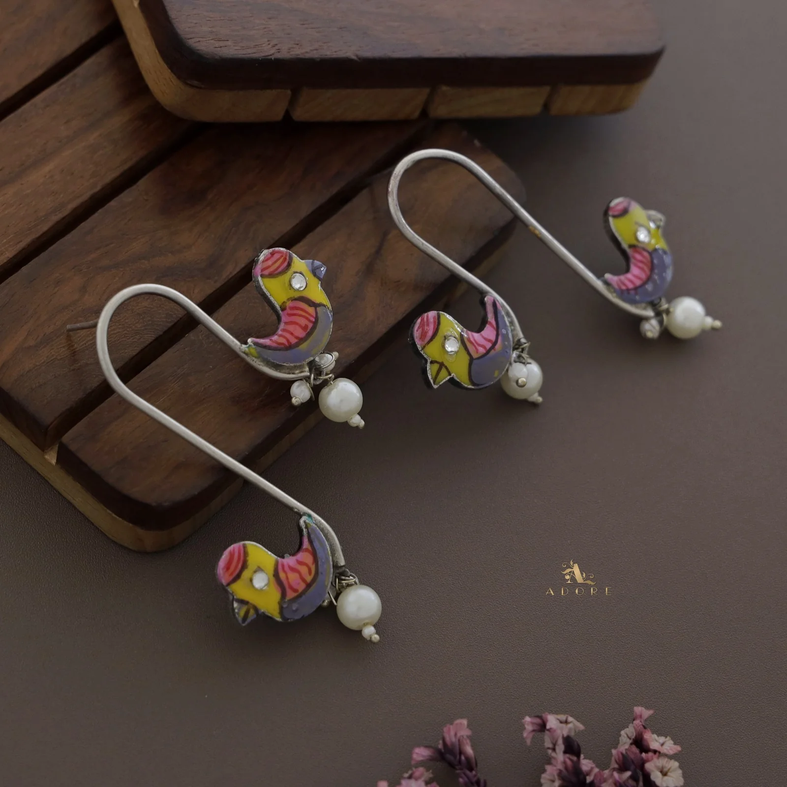 Antique Curvy Meenakari Bonsy Bird Earring - Image 12
