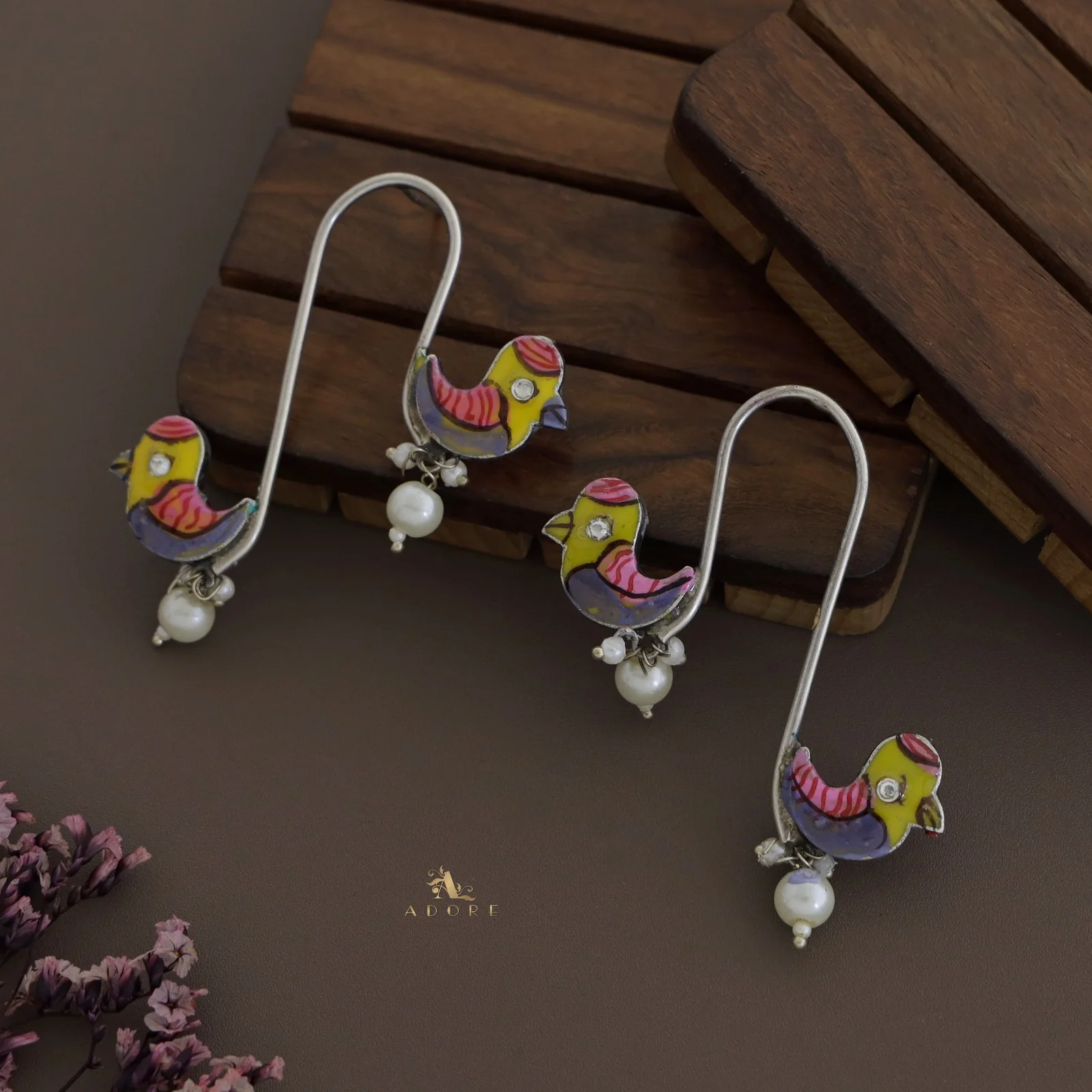 Antique Curvy Meenakari Bonsy Bird Earring - Image 13