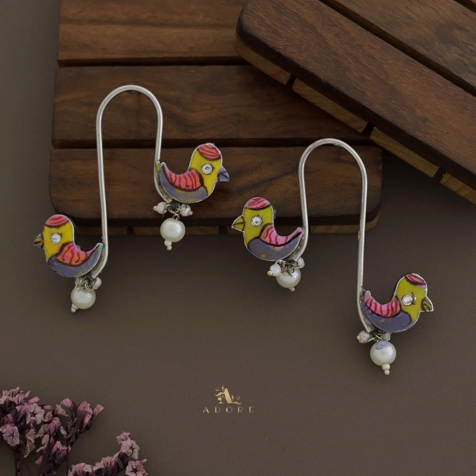 Antique Curvy Meenakari Bonsy Bird Earring - Image 14