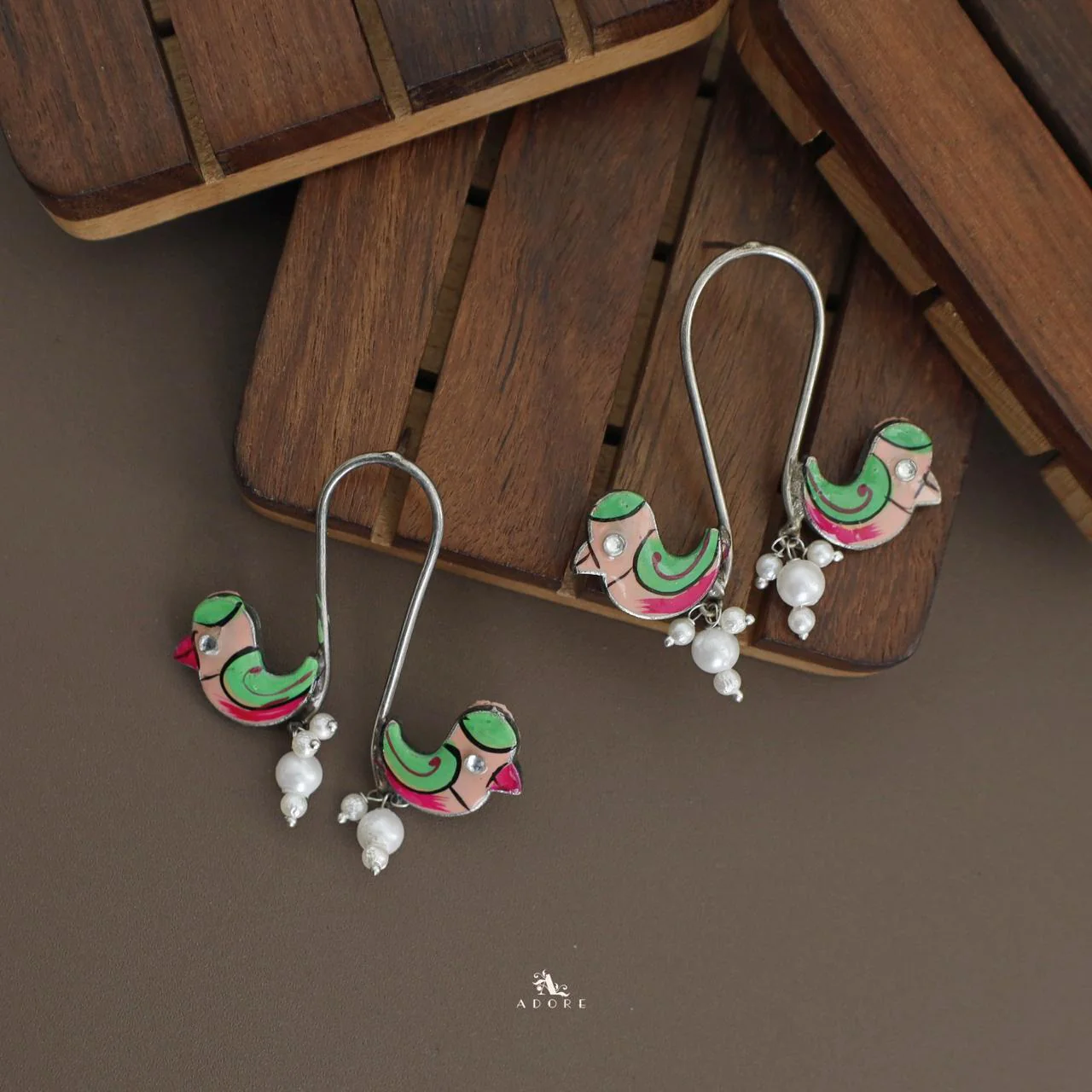 Antique Curvy Meenakari Bonsy Bird Earring - Image 16