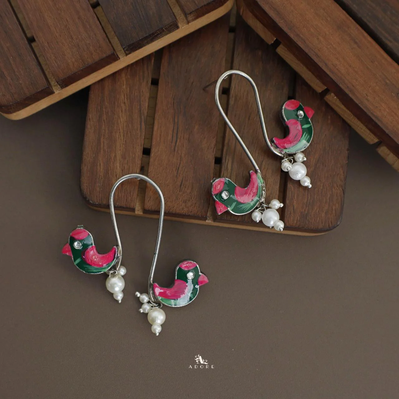 Antique Curvy Meenakari Bonsy Bird Earring - Image 18