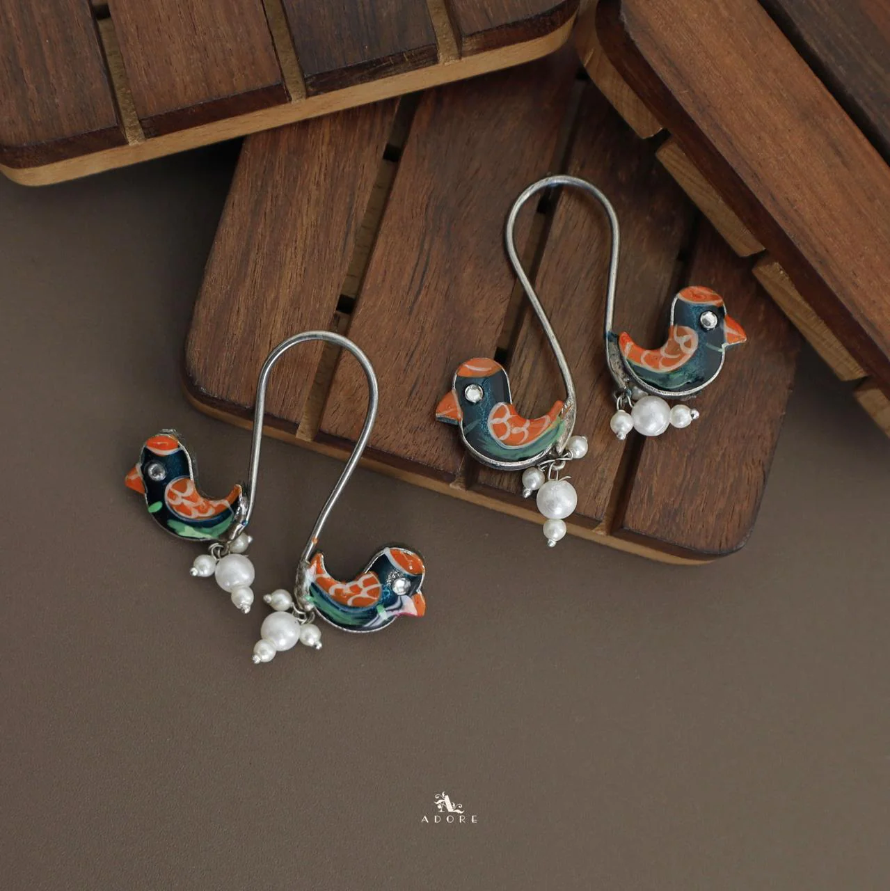 Antique Curvy Meenakari Bonsy Bird Earring - Image 19